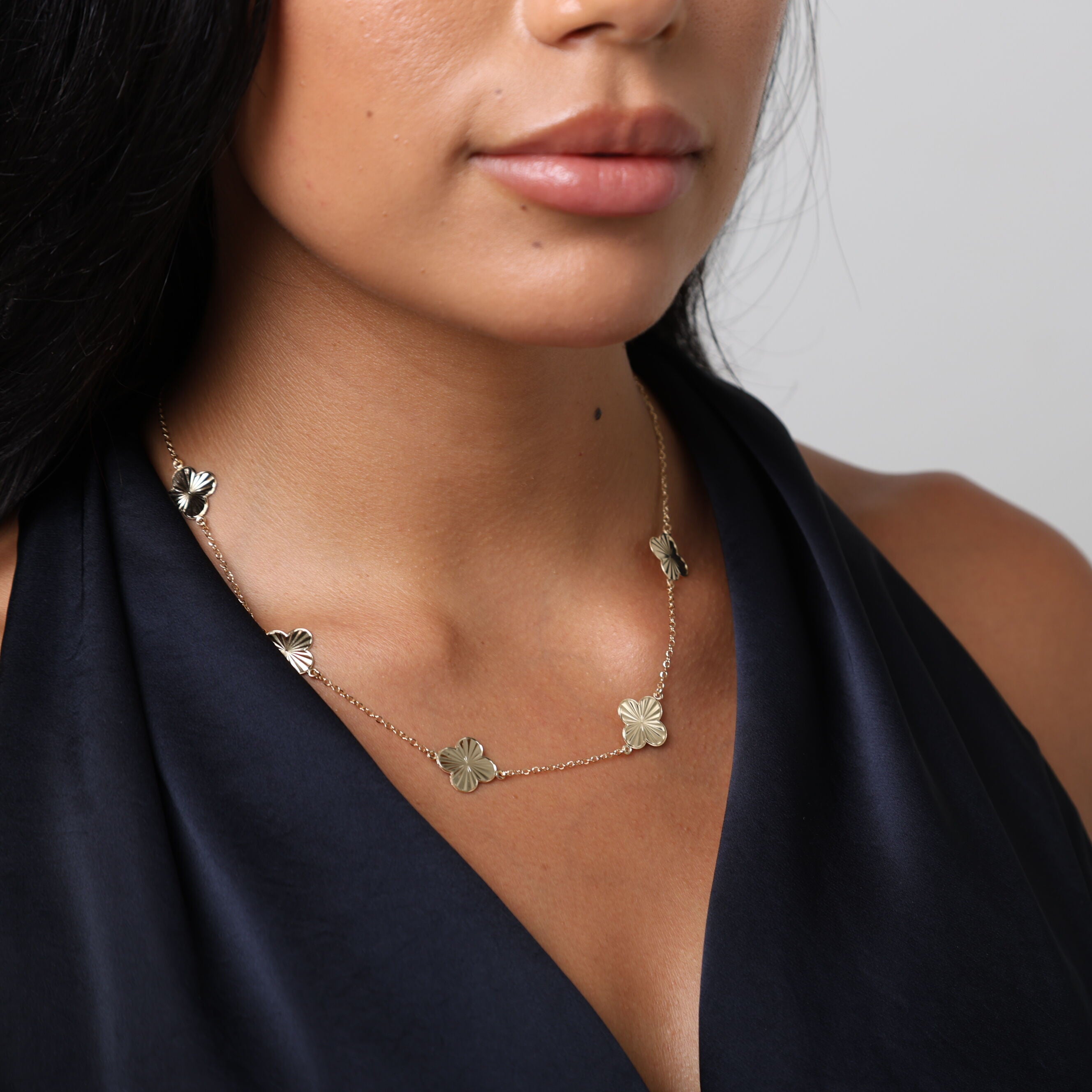 14K Gold Large Clover Station Necklace: 18" Adjustable Made In Italy