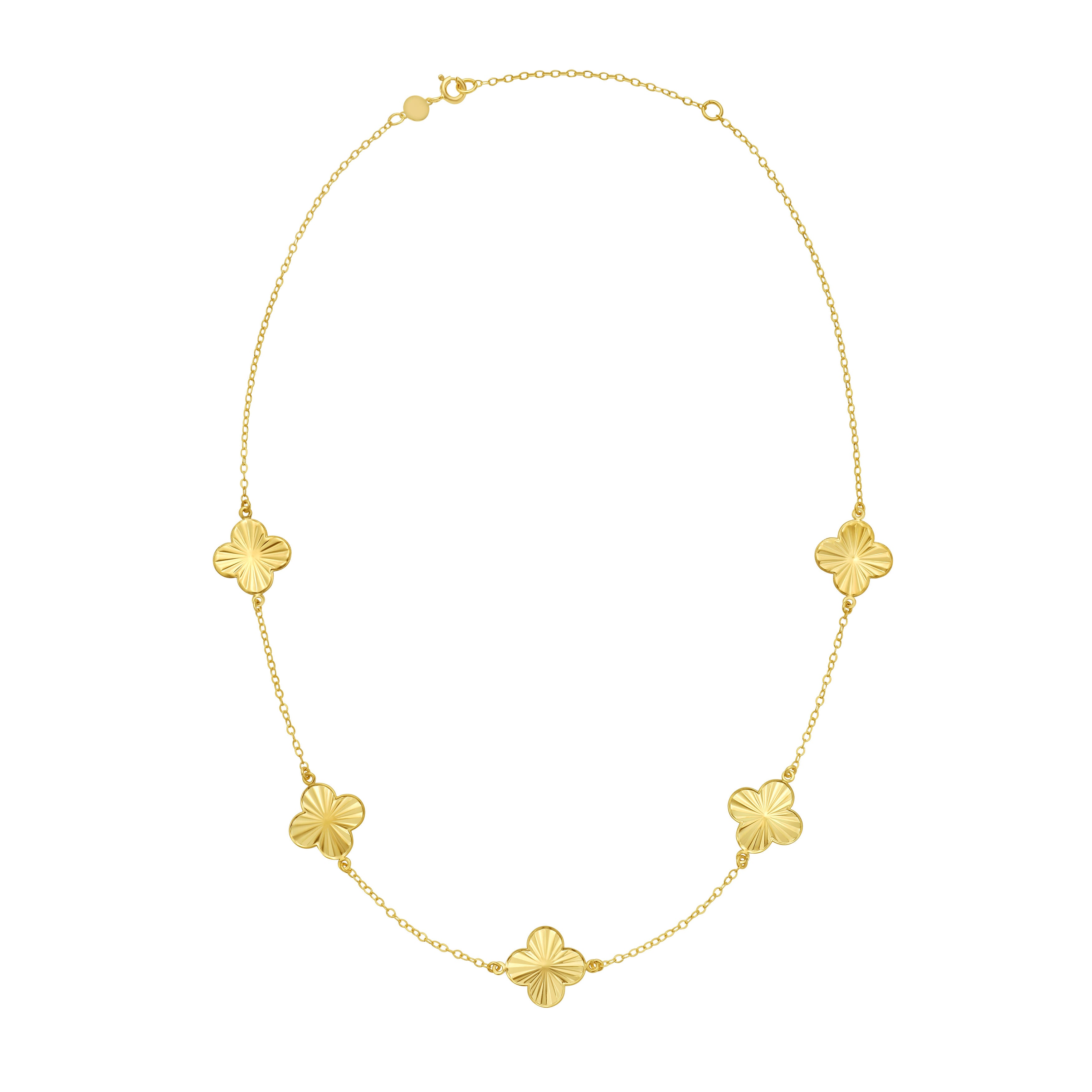 14K Gold Large Clover Station Necklace: 18" Adjustable Made In Italy