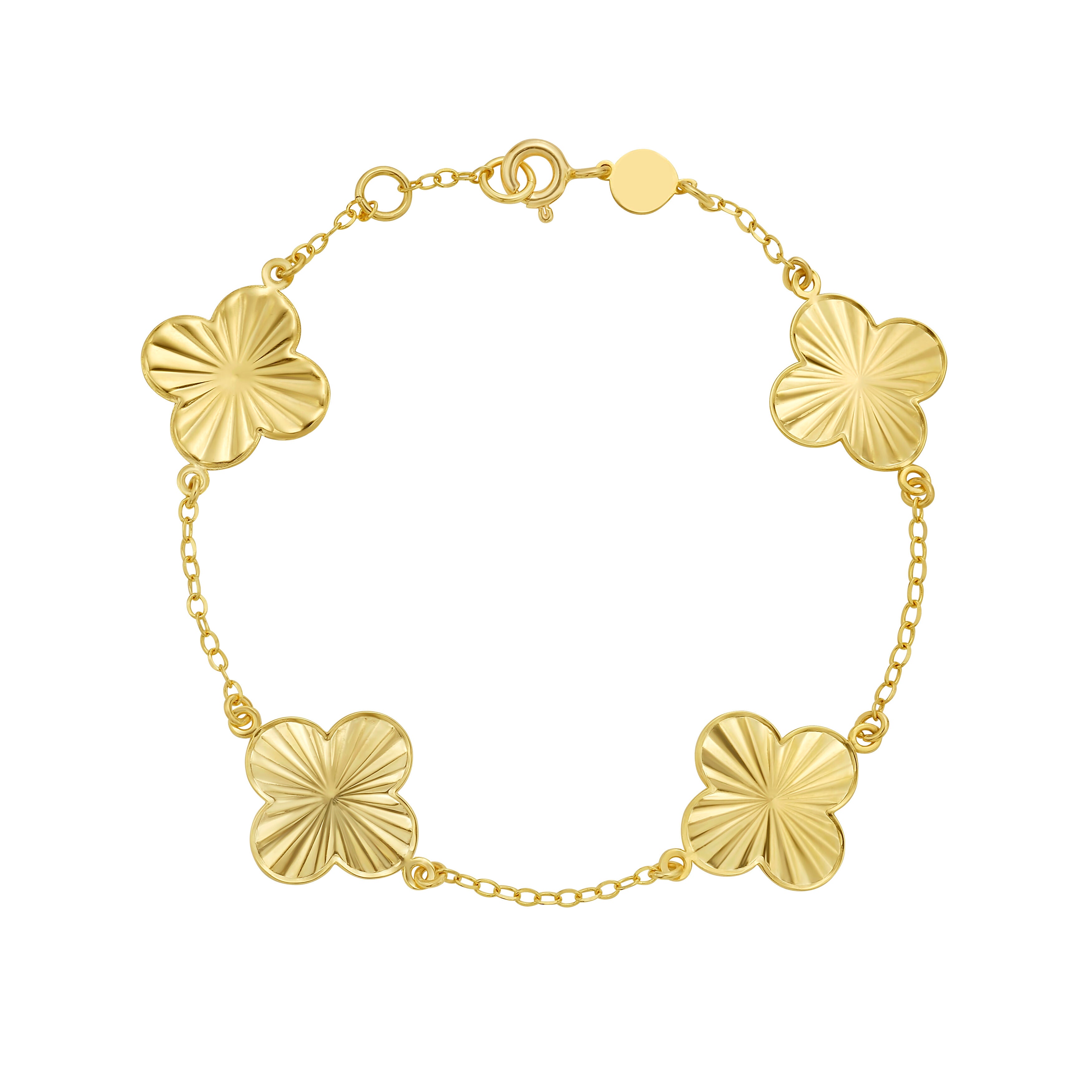 14K Solid Gold Station Bracelet Clover Motif Polished Chain – Elegant, Timeless, Italian