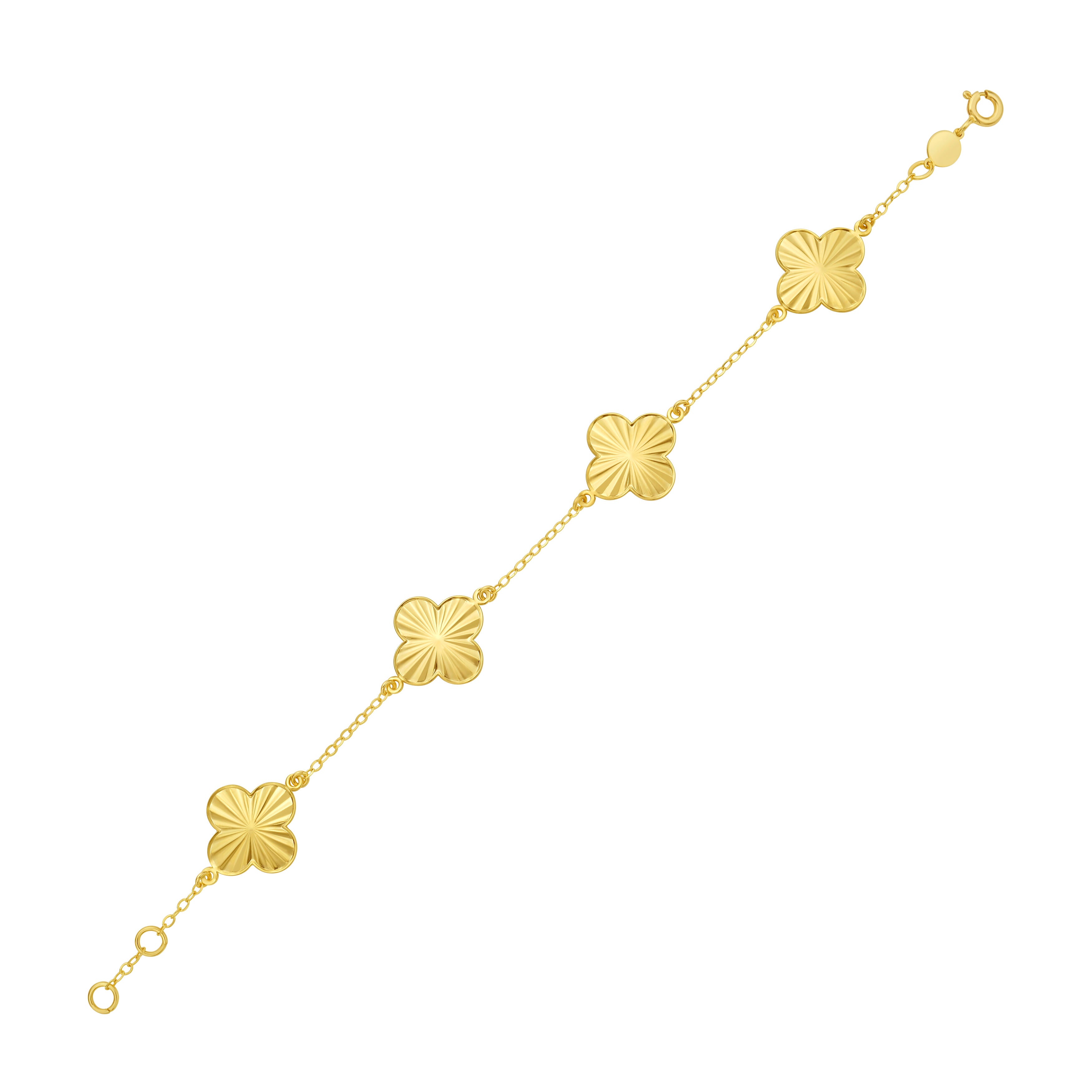 14K Solid Gold Station Bracelet Clover Motif Polished Chain – Elegant, Timeless, Italian