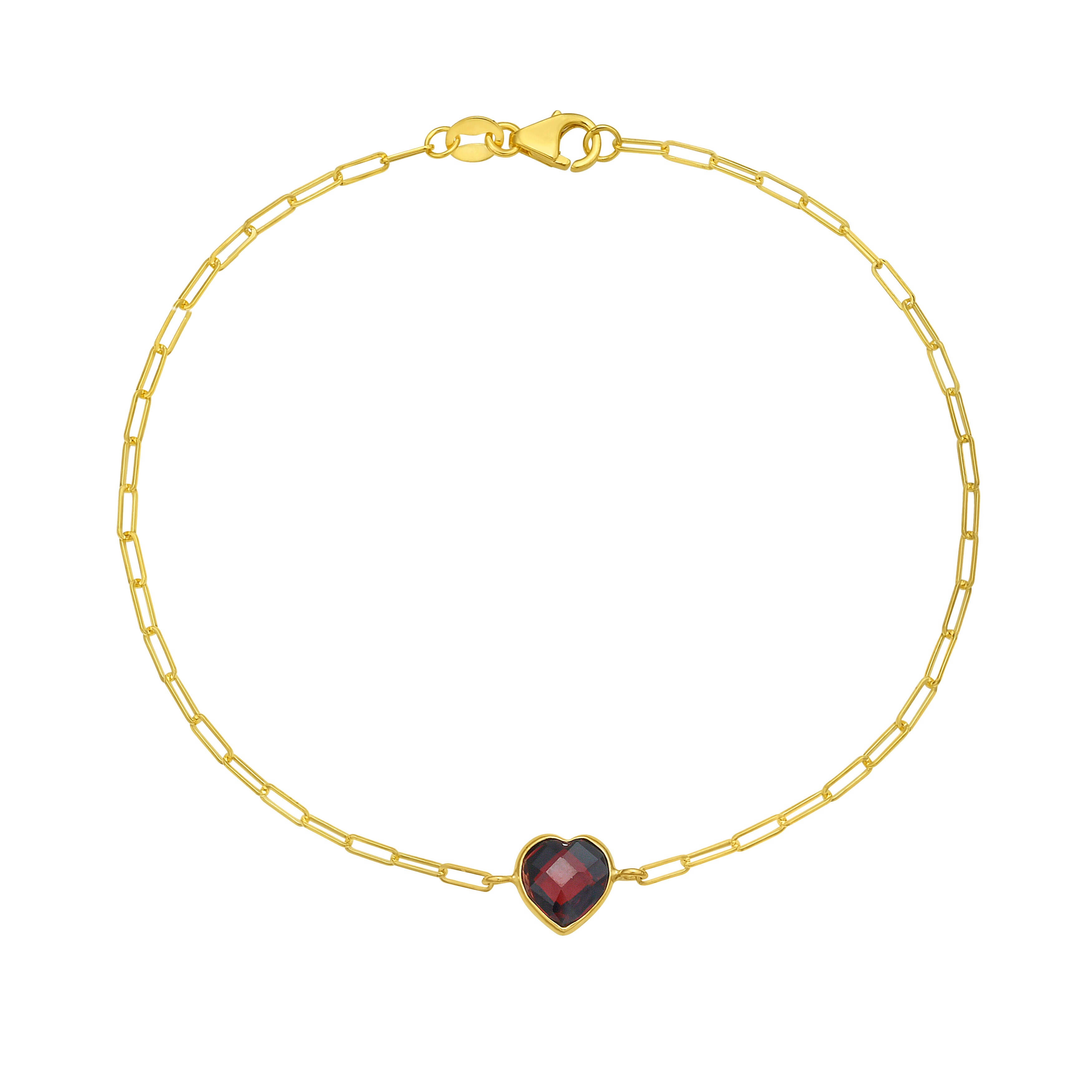 14K Yellow Gold Paperclip Bracelet with Heart Birthstone – Garnet, Citrine, White Topaz, Amethyst, or Blue Topaz 