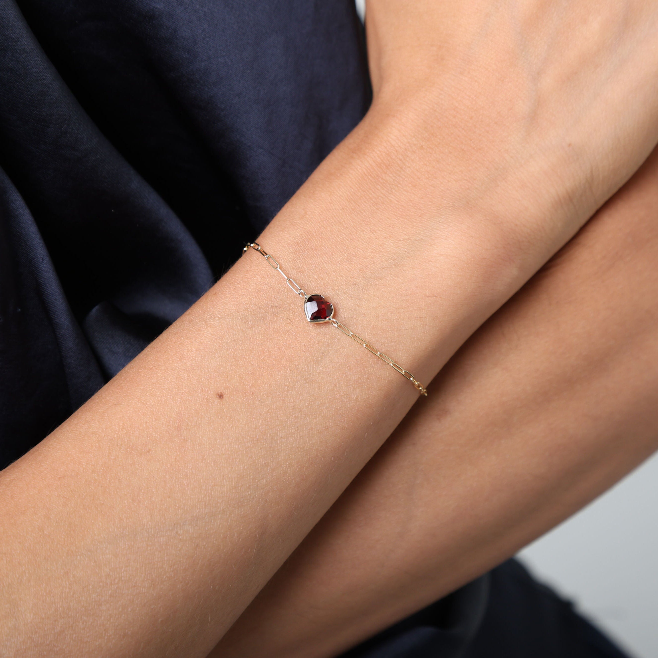 14K Yellow Gold Paperclip Bracelet with Heart Birthstone – Garnet, Citrine, White Topaz, Amethyst, or Blue Topaz 