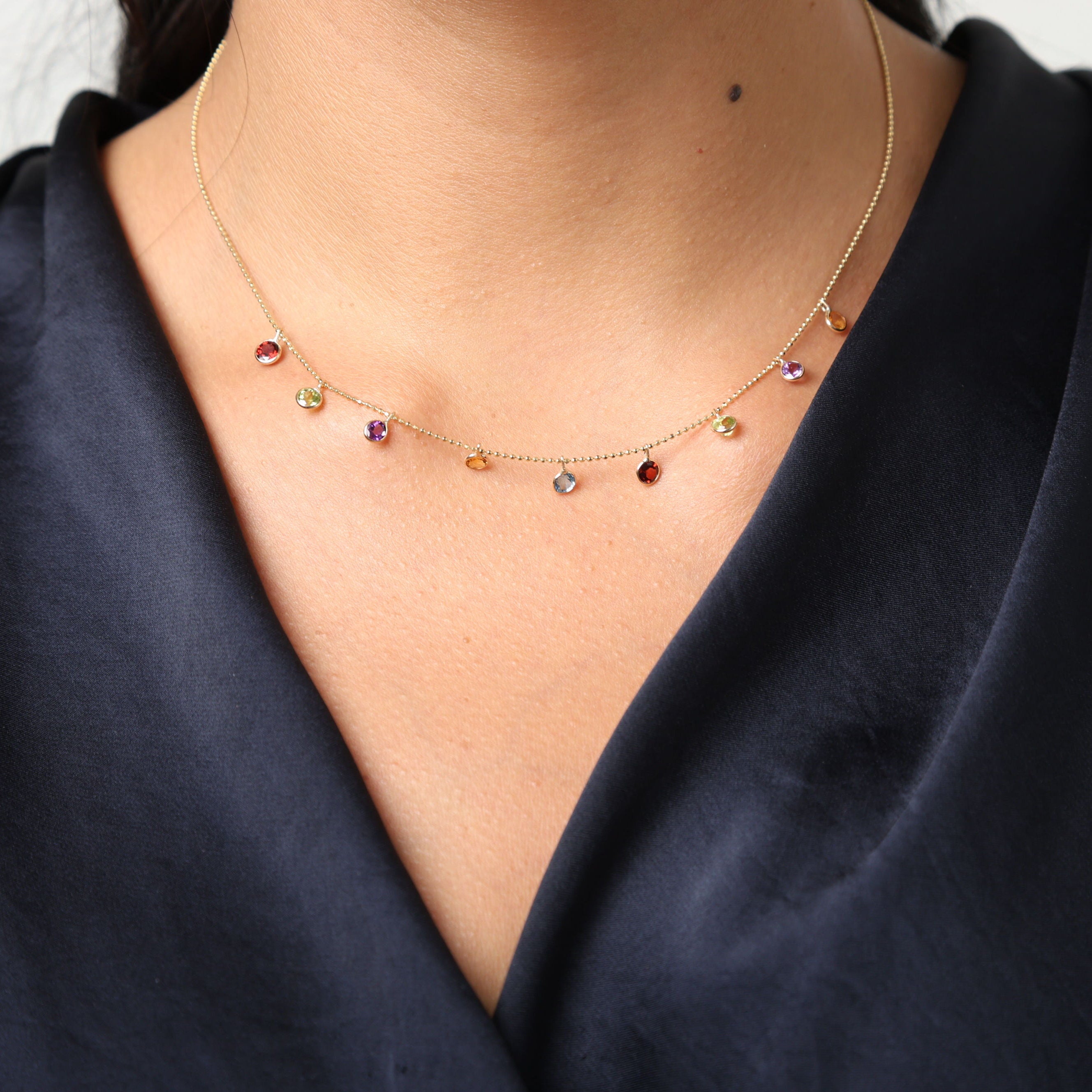 14K Gold Gemstone Dangle Necklace: Amethyst, Garnet, Blue Topaz, Peridot & Citrine