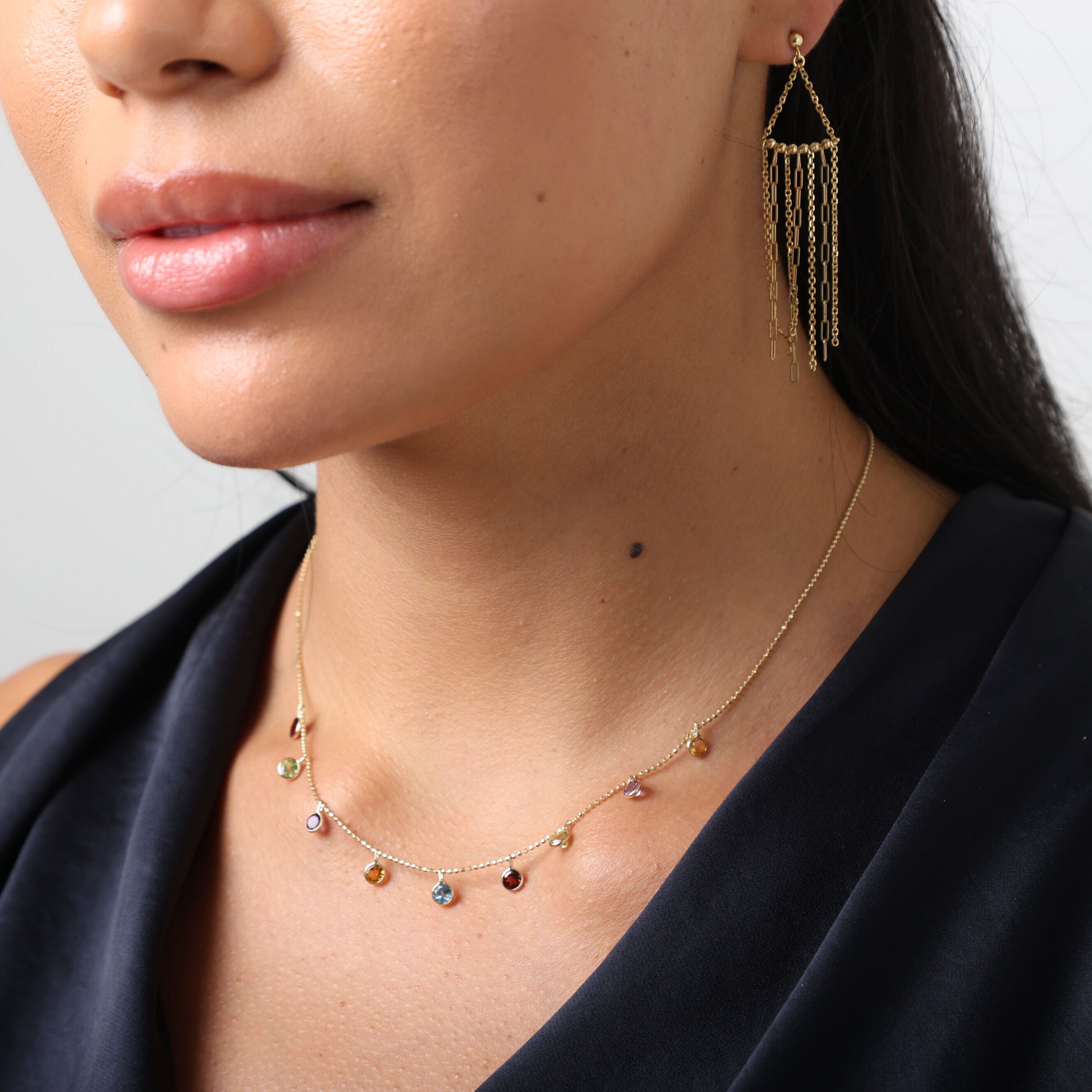 14K Gold Gemstone Dangle Necklace: Amethyst, Garnet, Blue Topaz, Peridot & Citrine