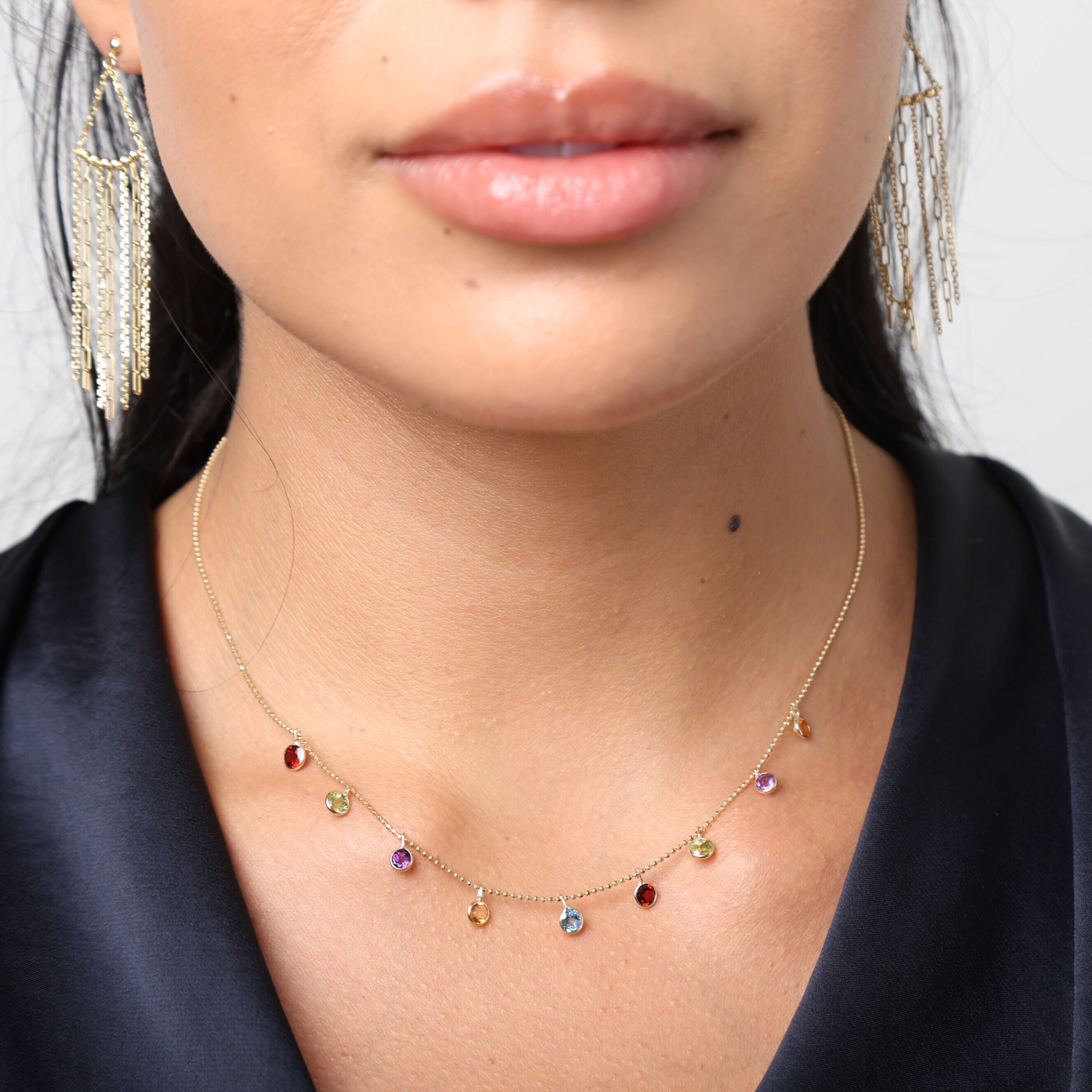 14K Gold Gemstone Dangle Necklace: Amethyst, Garnet, Blue Topaz, Peridot & Citrine