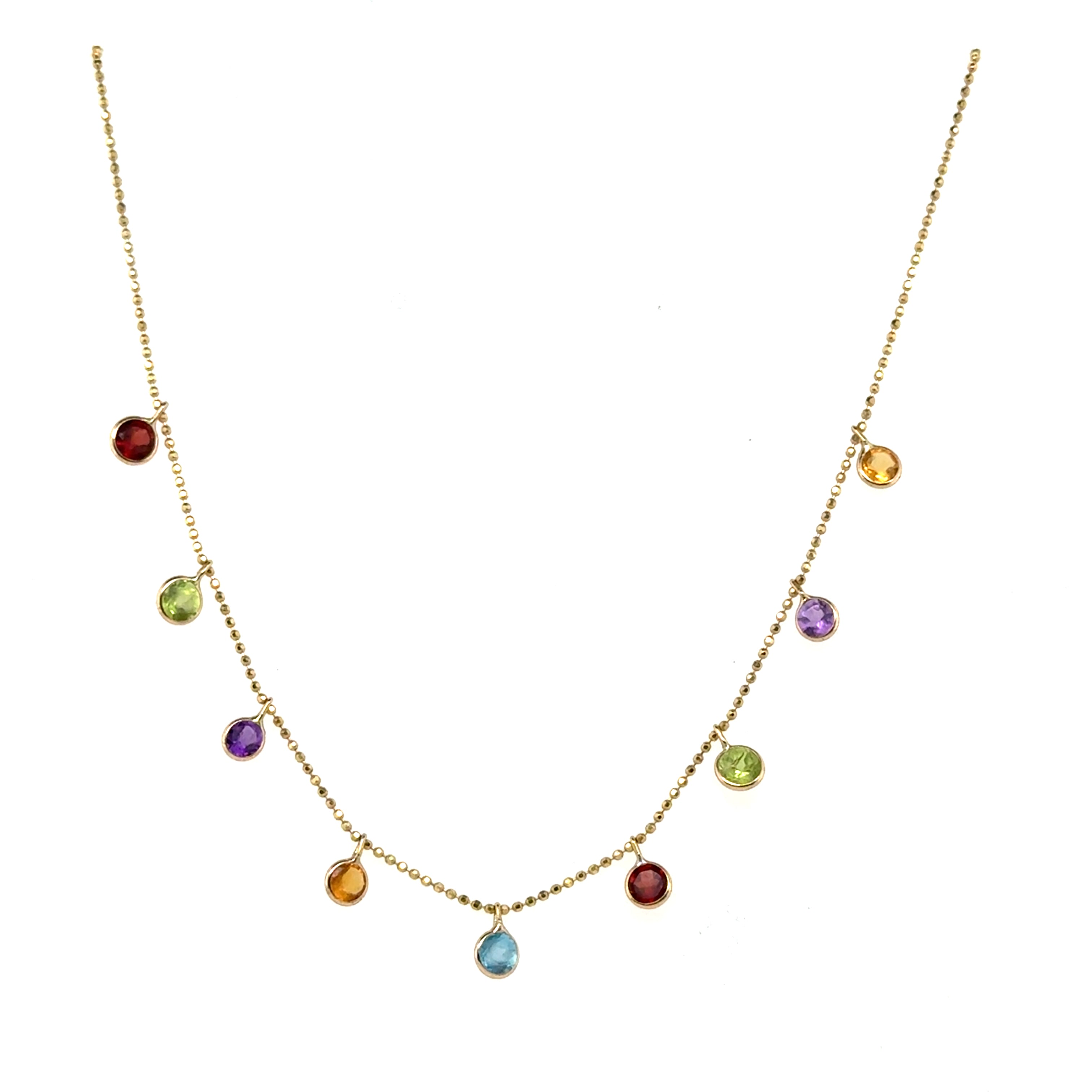 14K Gold Gemstone Dangle Necklace: Amethyst, Garnet, Blue Topaz, Peridot & Citrine