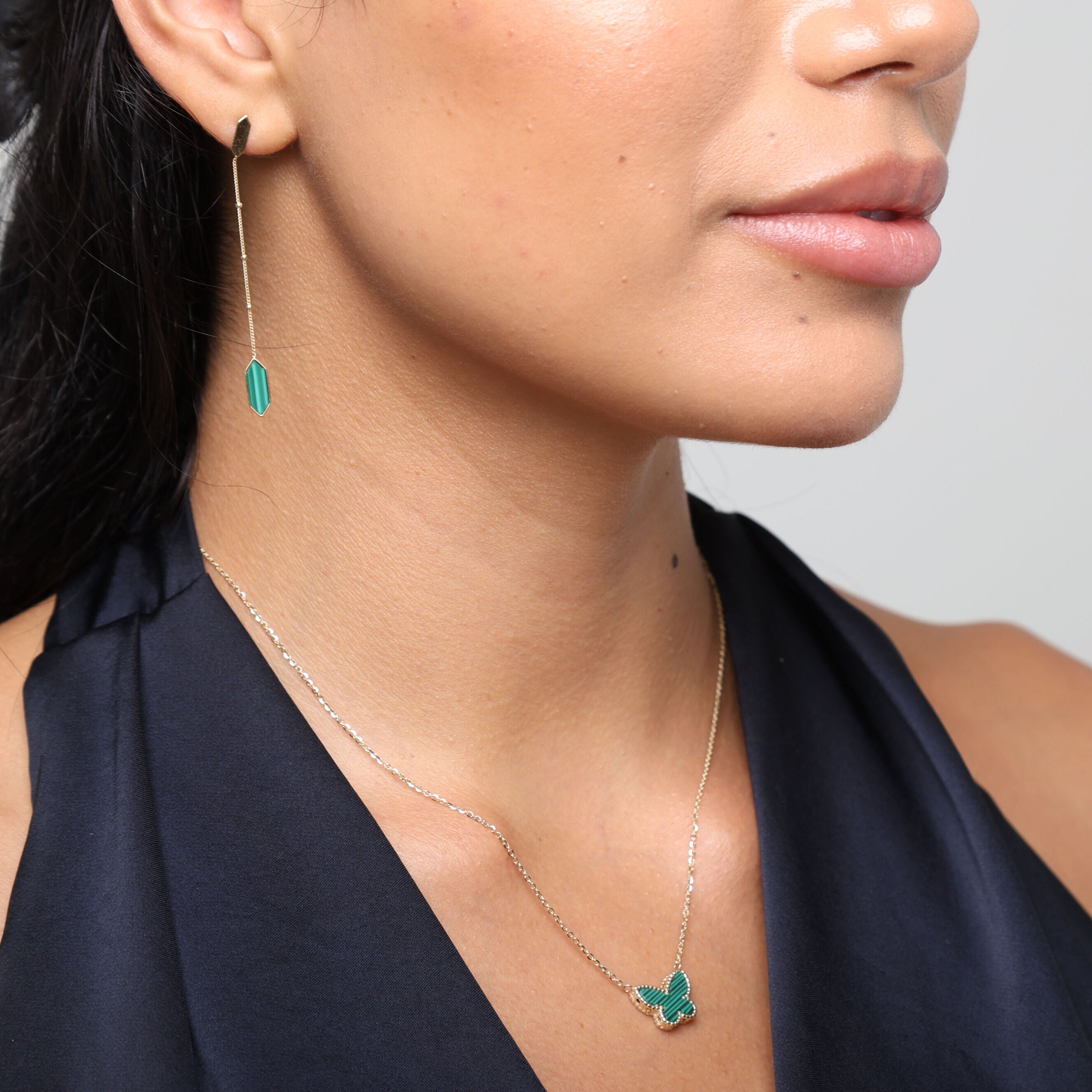 14K Gold Malachite Hexagon Drop Chain Earrings
