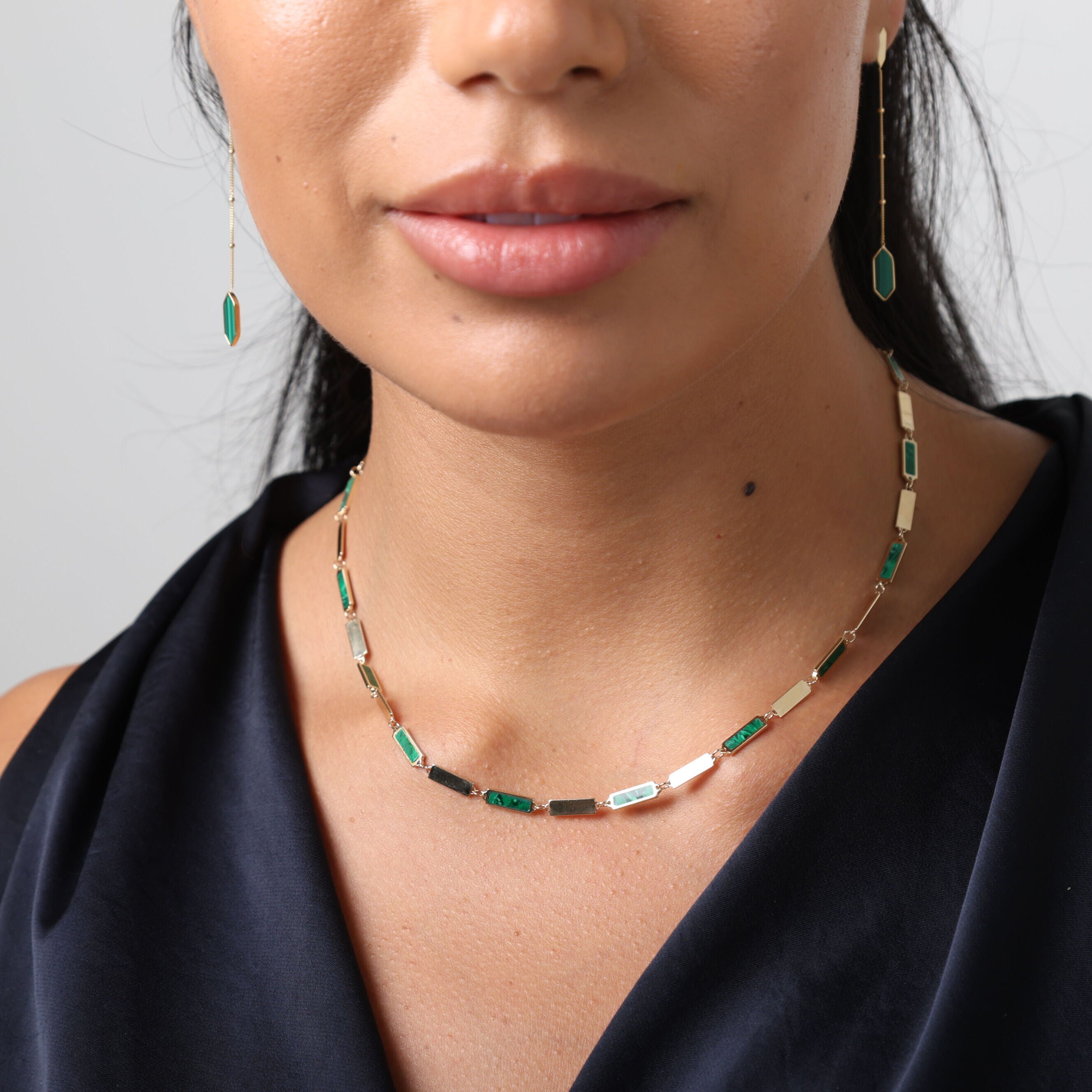 14K Gold Malachite Hexagon Drop Chain Earrings