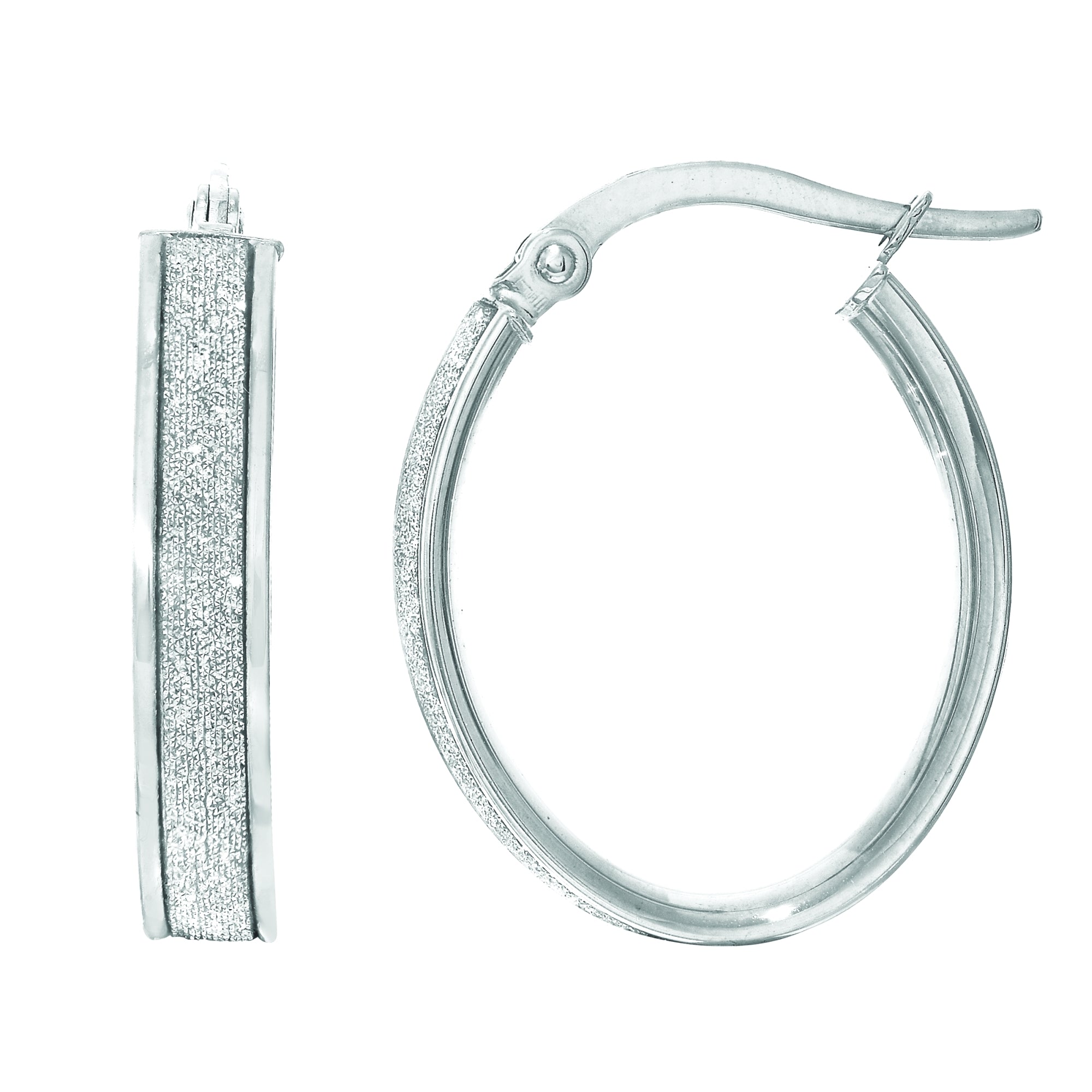 14K White Gold Oval Glitter Hoop Earrings