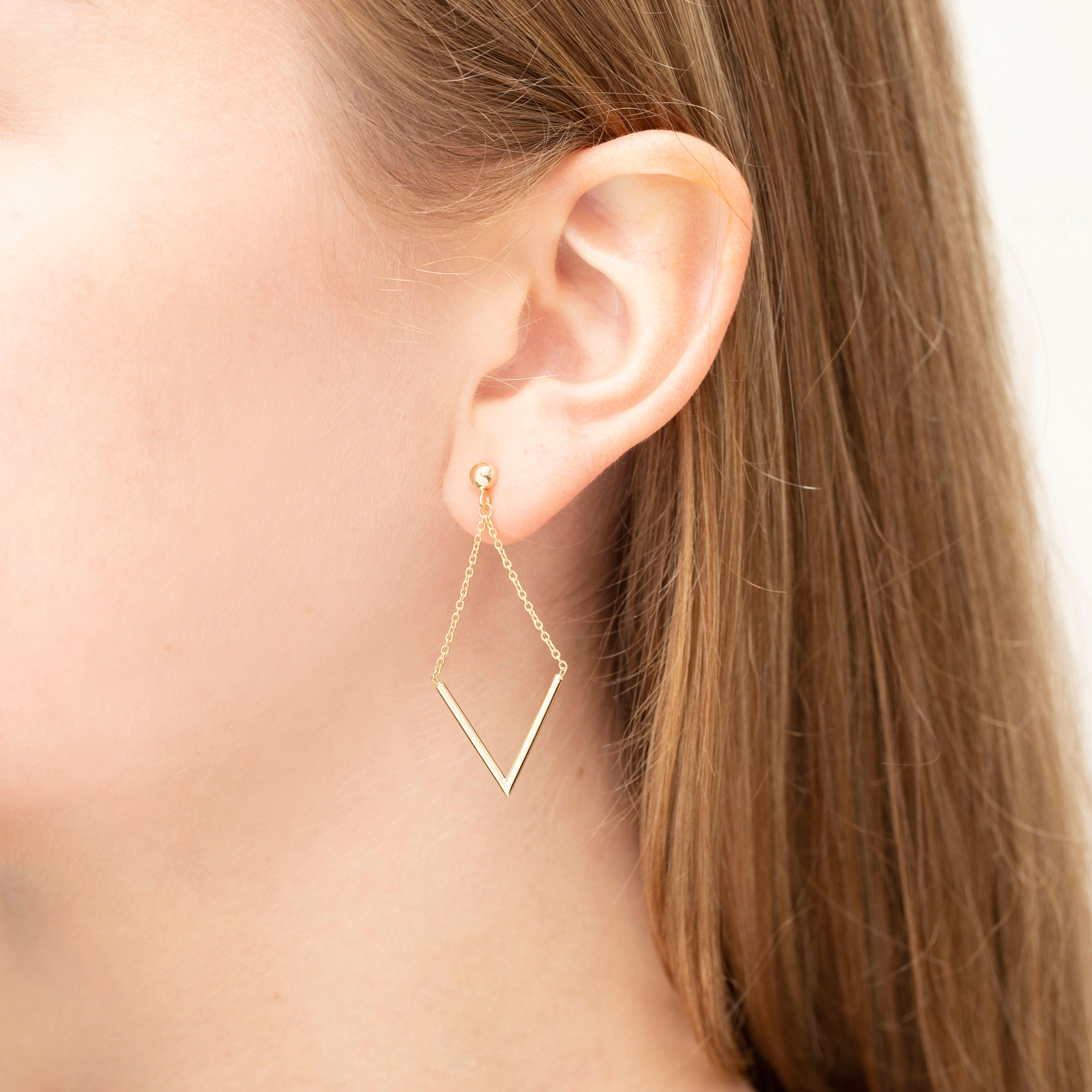 14K Gold V Shaped Drop Chain Earrings