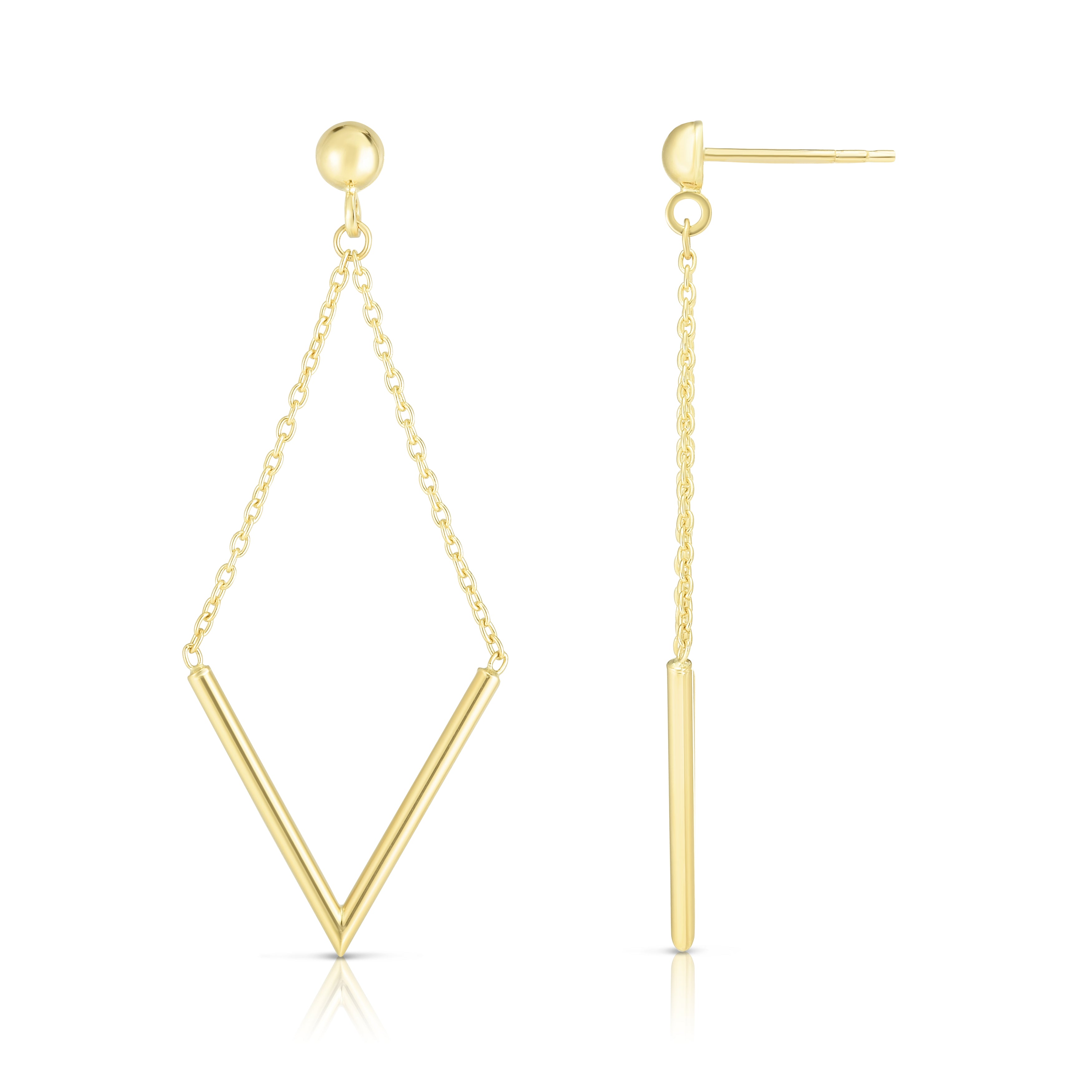 14K Gold V Shaped Drop Chain Earrings