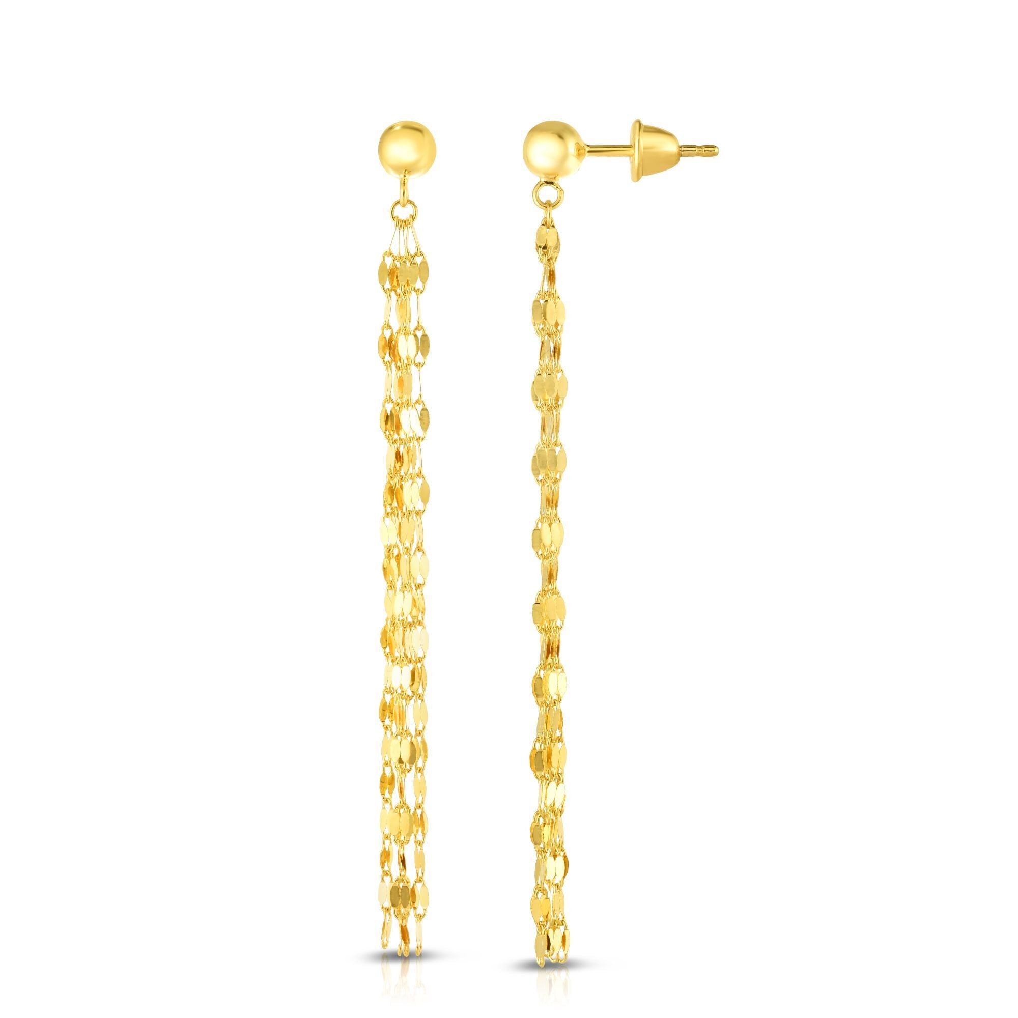 14K Gold Long Mirror link Drop Chain Earrings - Five Thin Chain Drops 