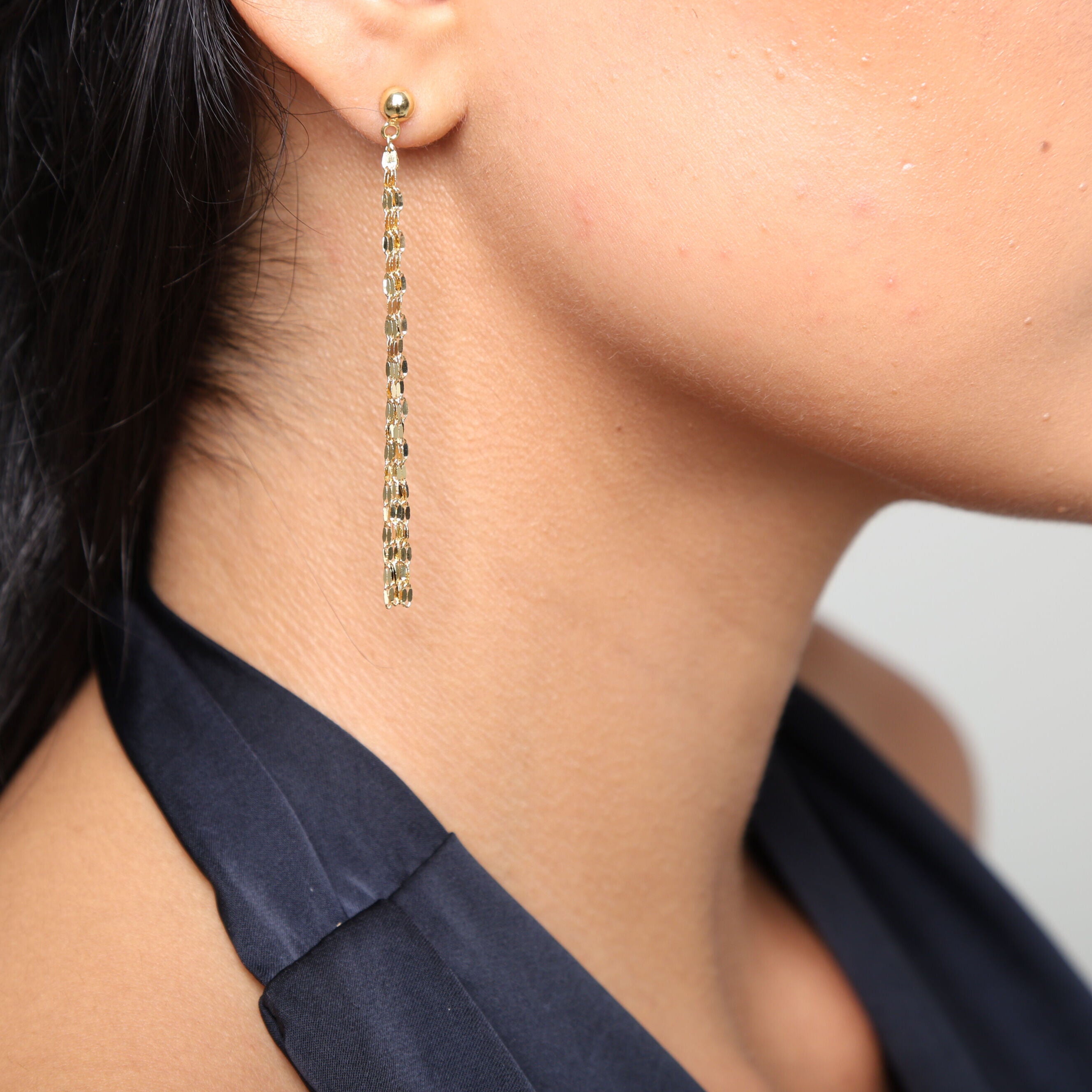 14K Gold Long Mirror link Drop Chain Earrings - Five Thin Chain Drops