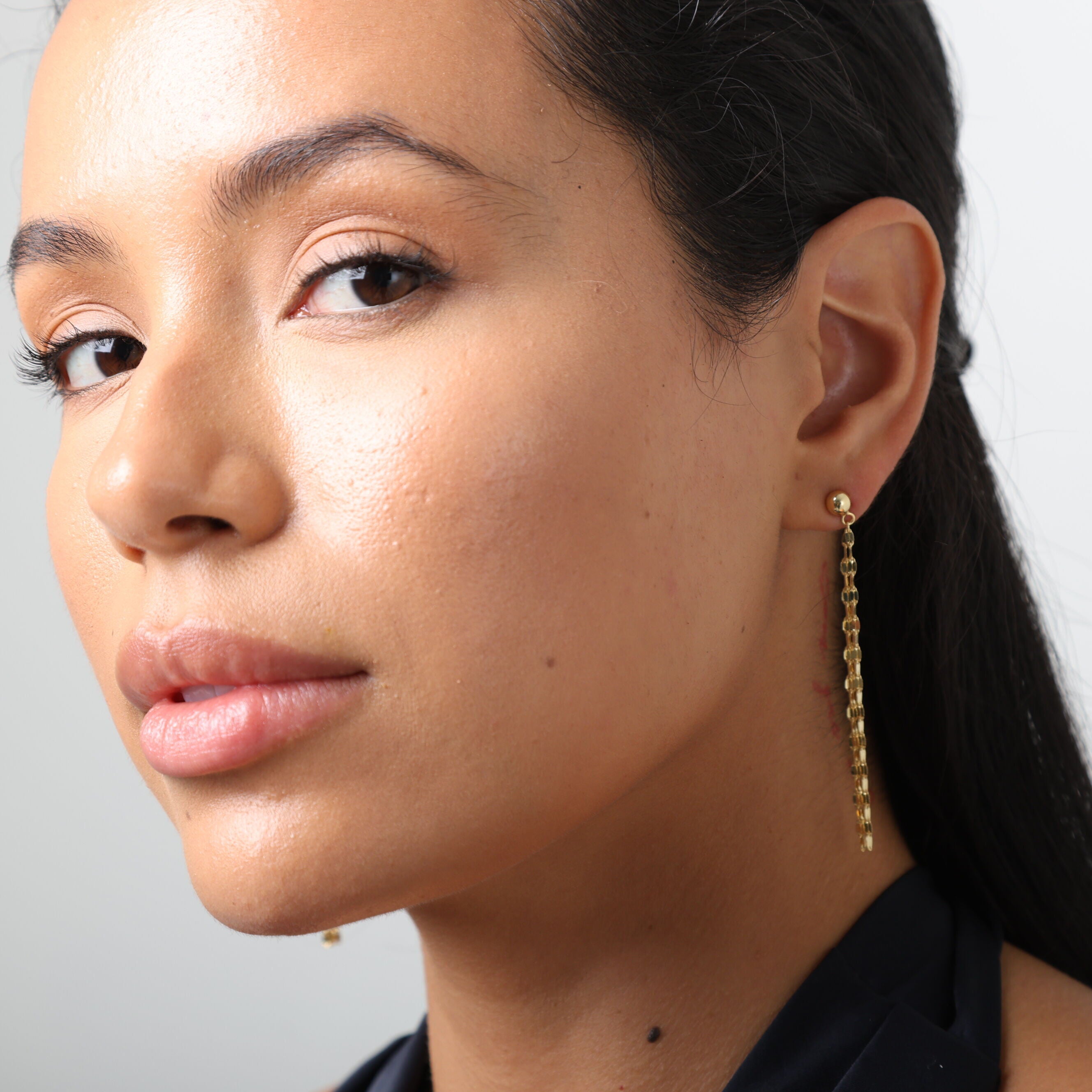 14K Gold Long Mirror link Drop Chain Earrings - Five Thin Chain Drops