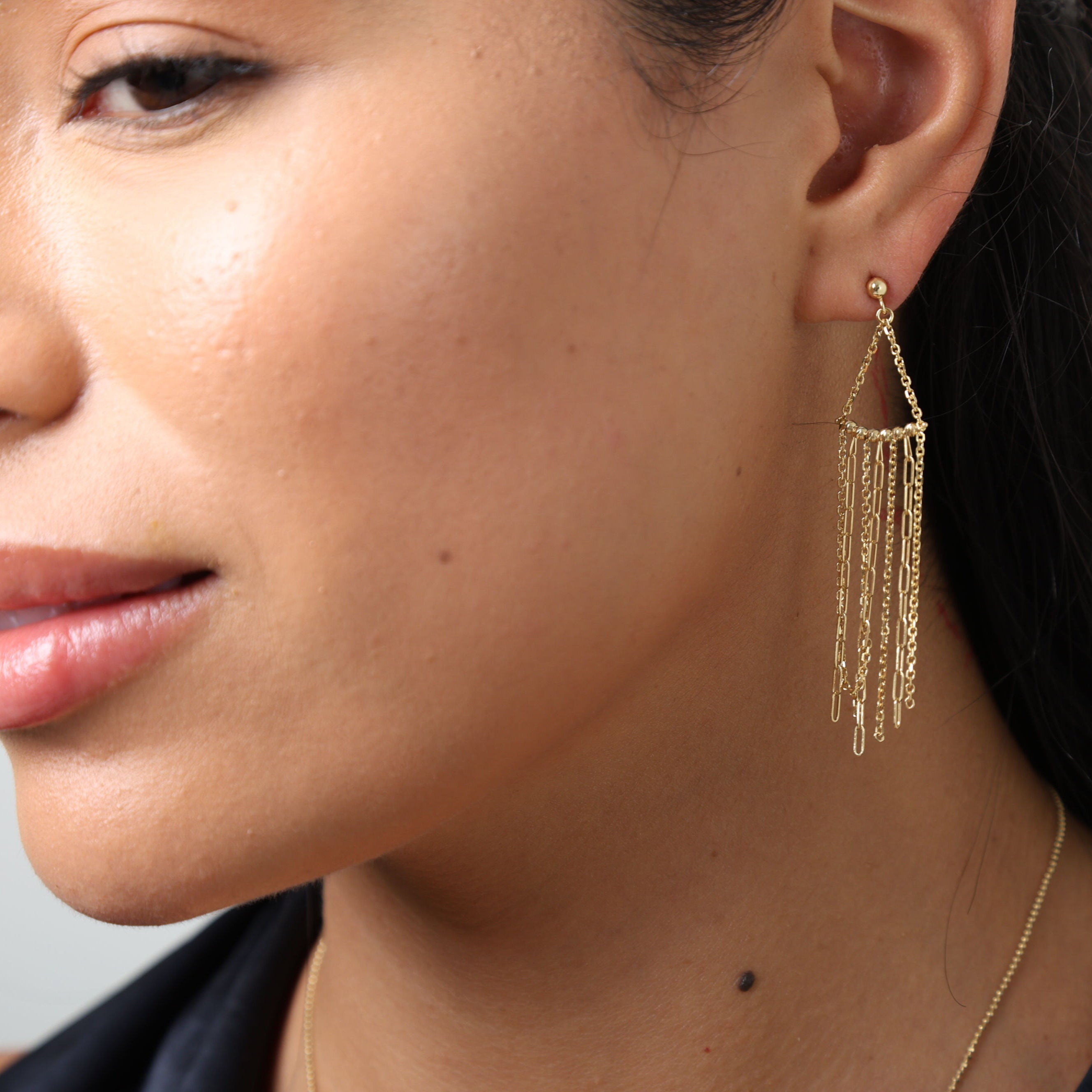 14K Gold Fringe Drop Chain Earrings: Paperclip & Cable Links