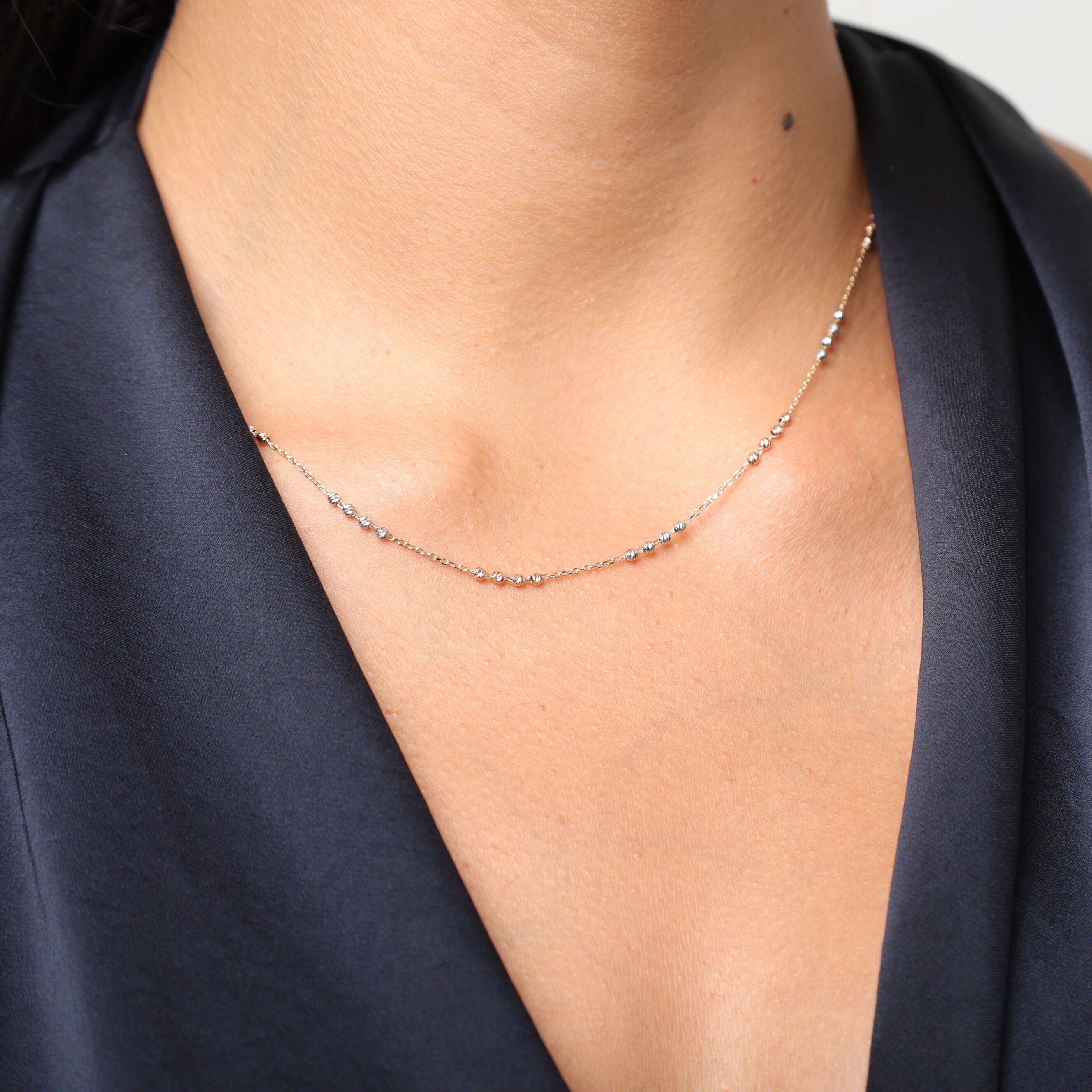 14K Tricolor Gold Dainty Bead Station Necklace: 17"