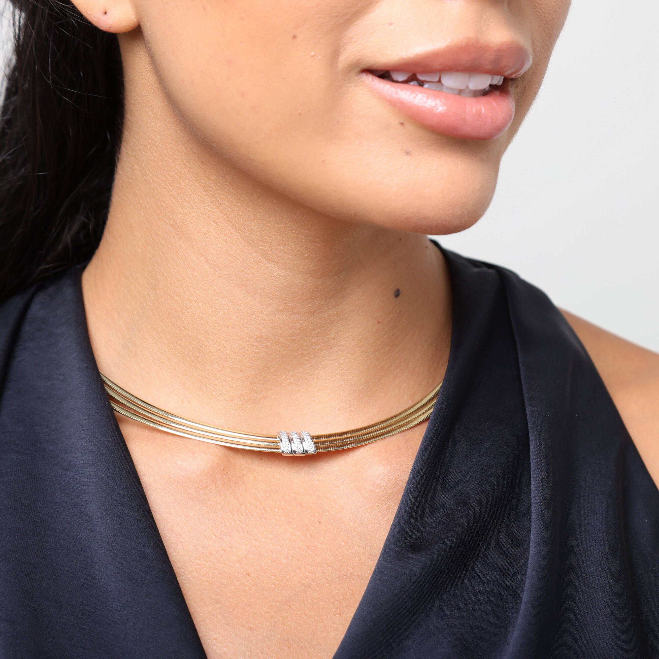 14K Gold Triple Omega Diamond Necklace – Elegant, Flexible & Natural Diamond Detail