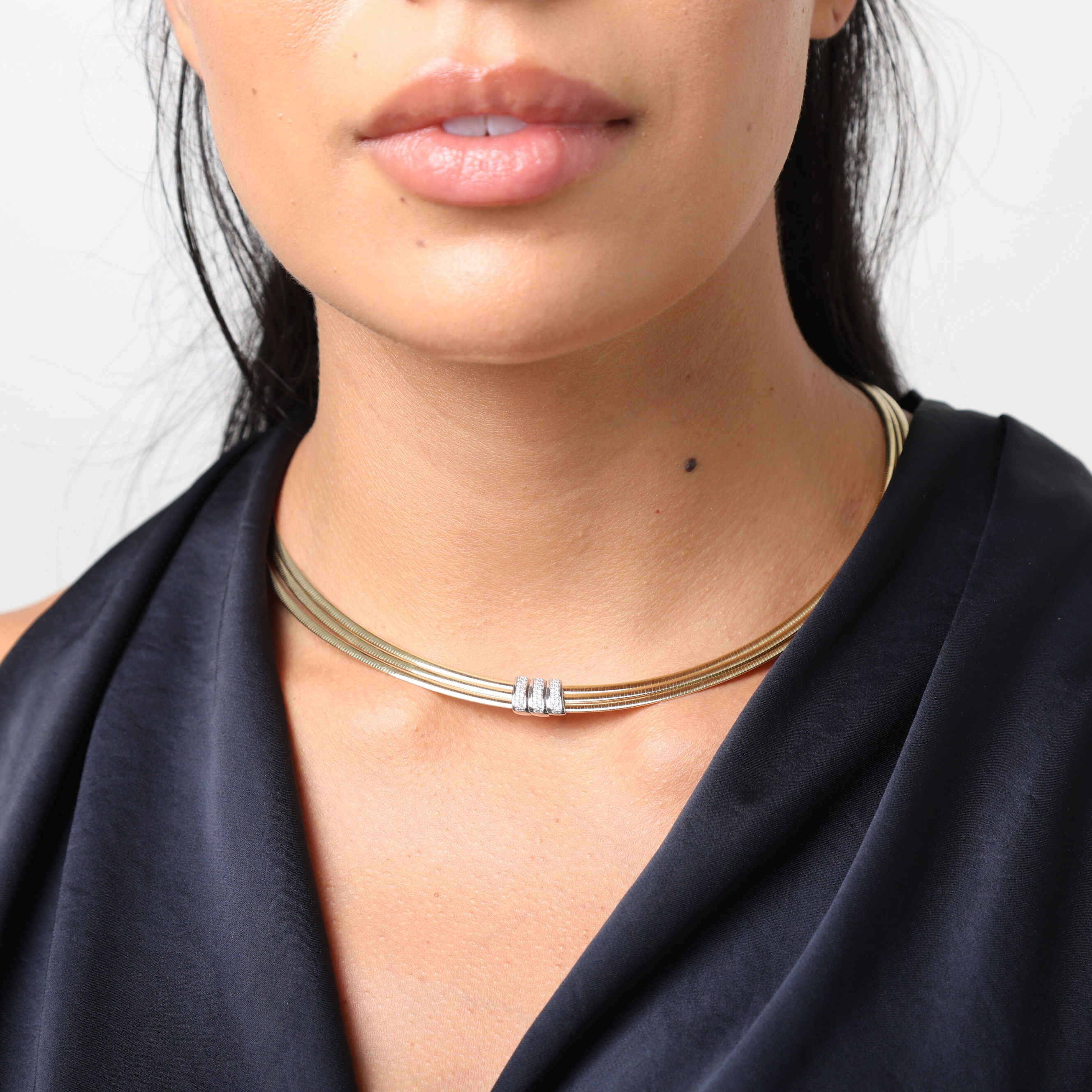 14K Gold Triple Omega Diamond Necklace – Elegant, Flexible & Natural Diamond Detail