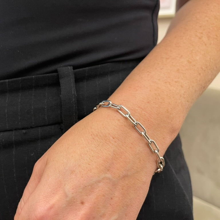 14K White Gold Paperclip Bracelet: Rounded Links, 7", Made In Italy