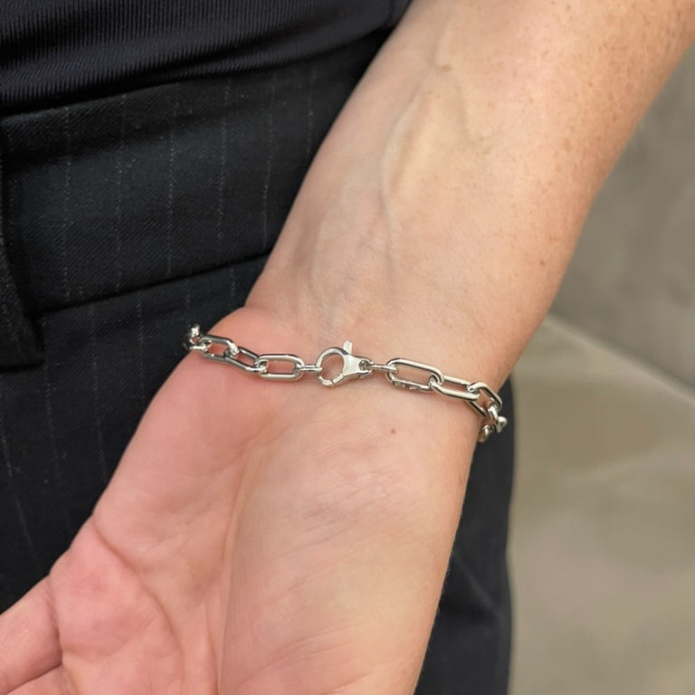 14K White Gold Paperclip Bracelet: Rounded Links, 7", Made In Italy
