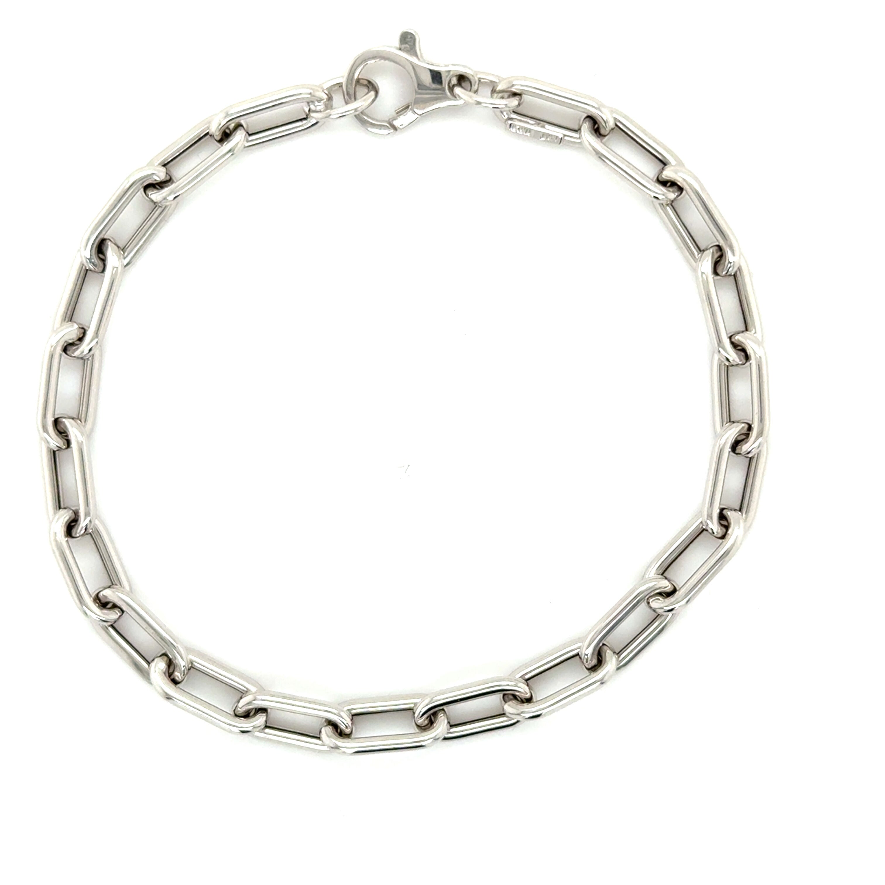14K White Gold Paperclip Bracelet: Rounded Links, 7", Made In Italy