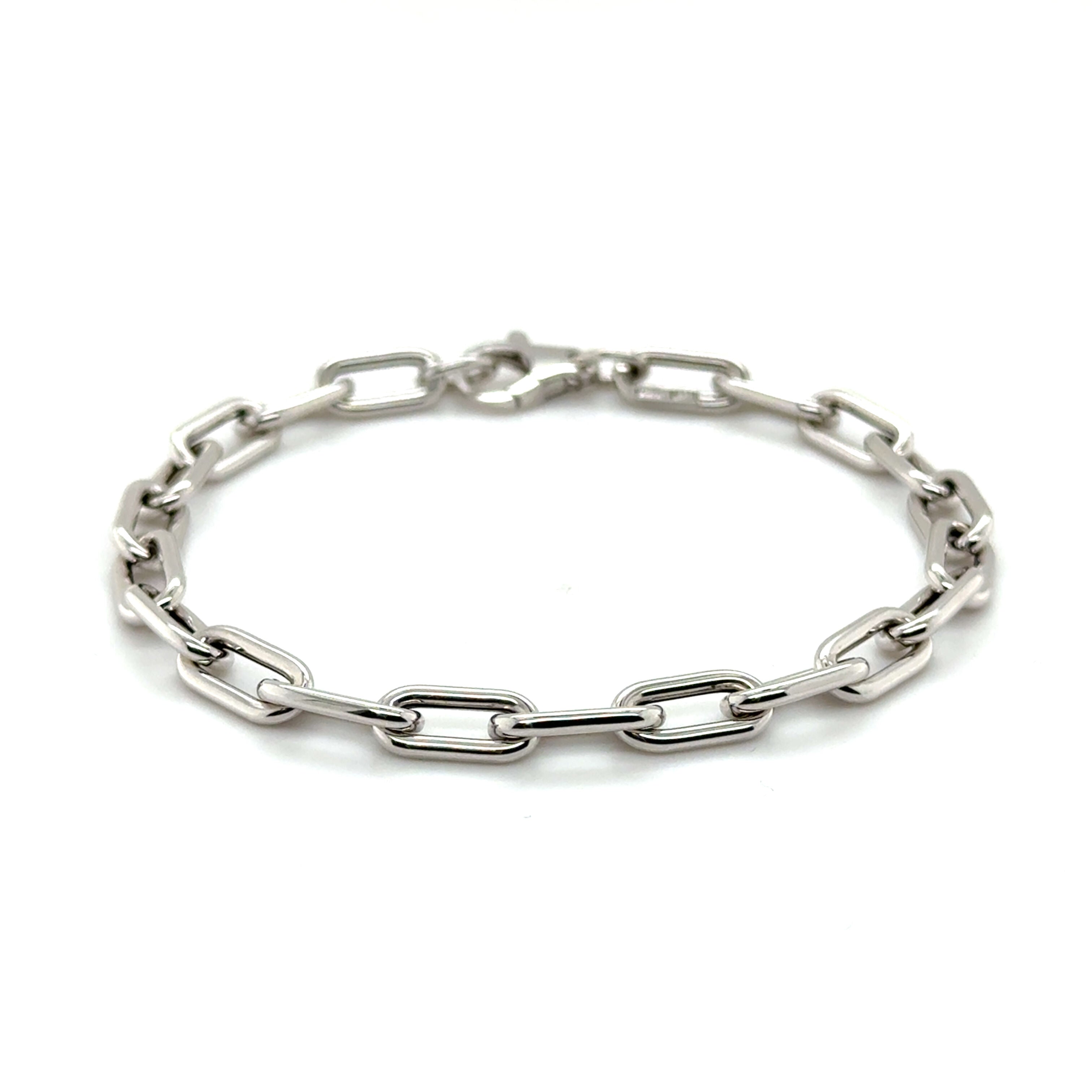 14K White Gold Paperclip Bracelet: Rounded Links, 7", Made In Italy