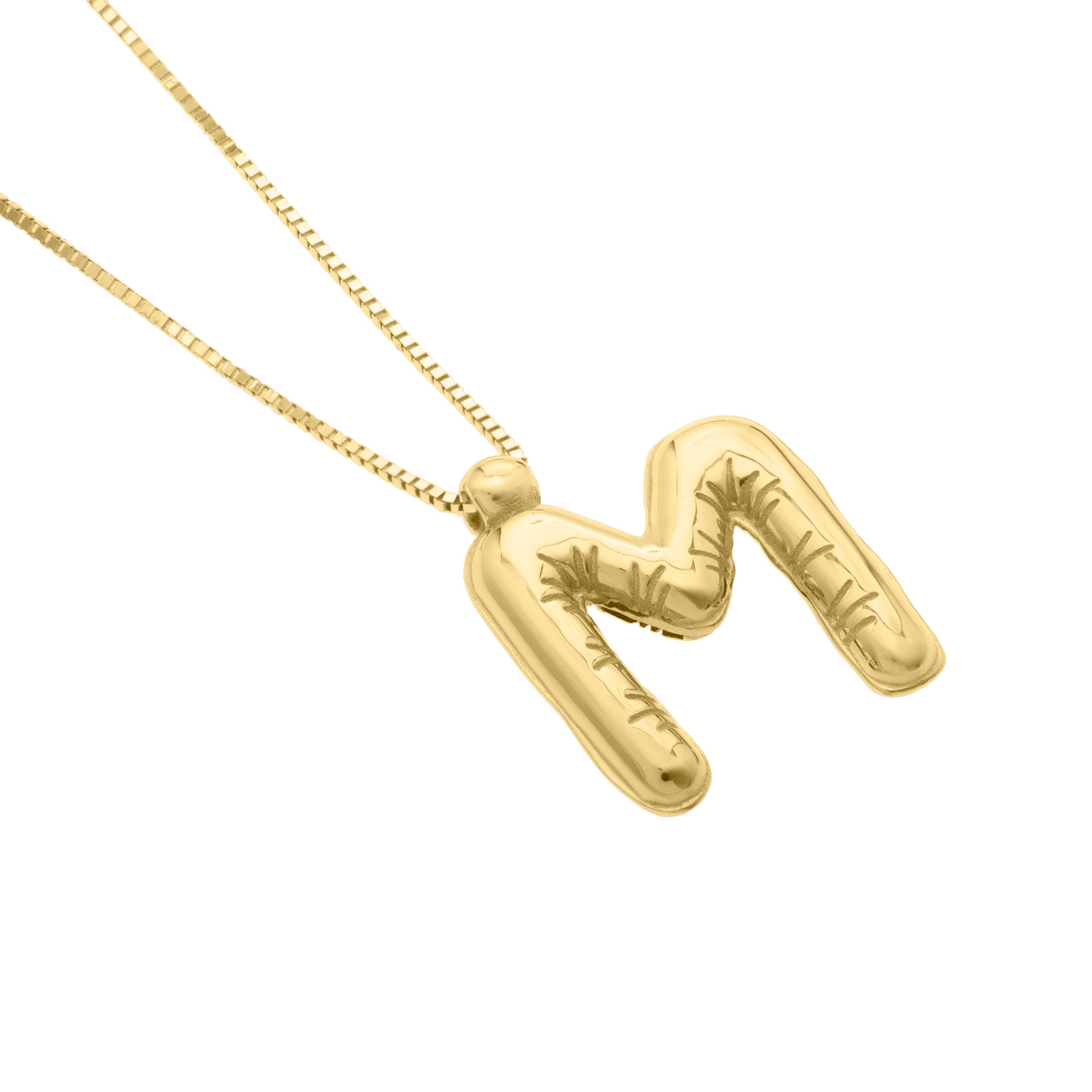14K Gold Puffy Helium Initial Pendant Necklace: 18" Adjustable at 16"