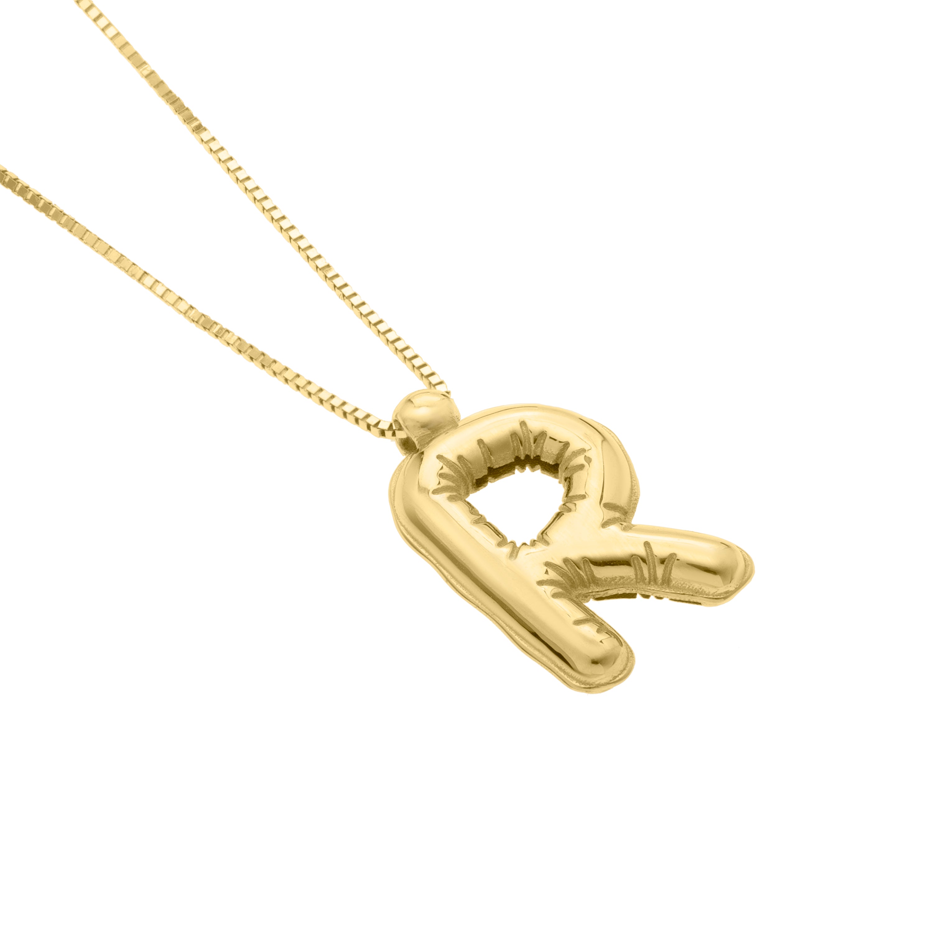 14K Gold Puffy Helium Initial Pendant Necklace: 18" Adjustable at 16"
