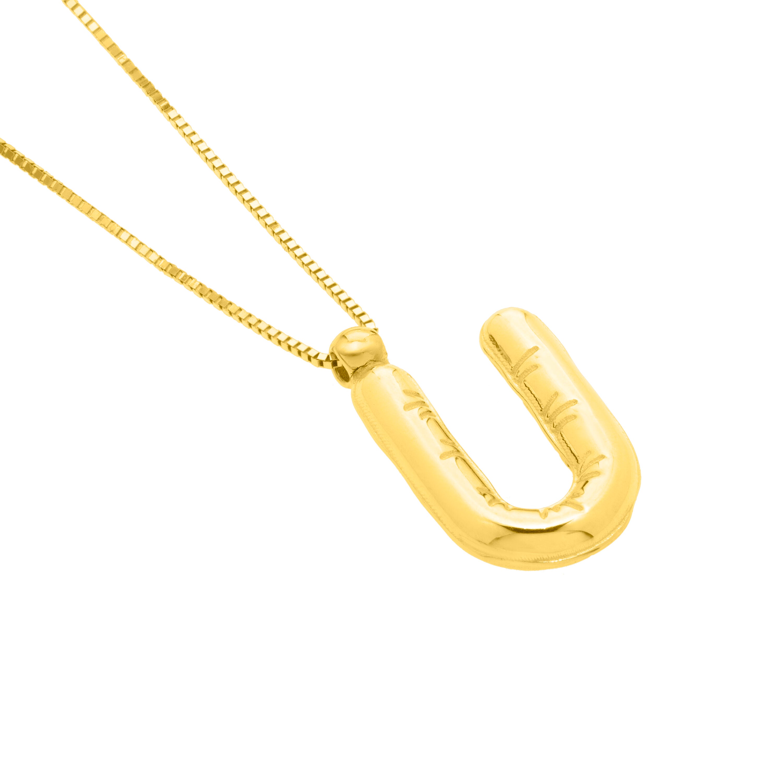 14K Gold Puffy Helium Initial Pendant Necklace: 18" Adjustable at 16"