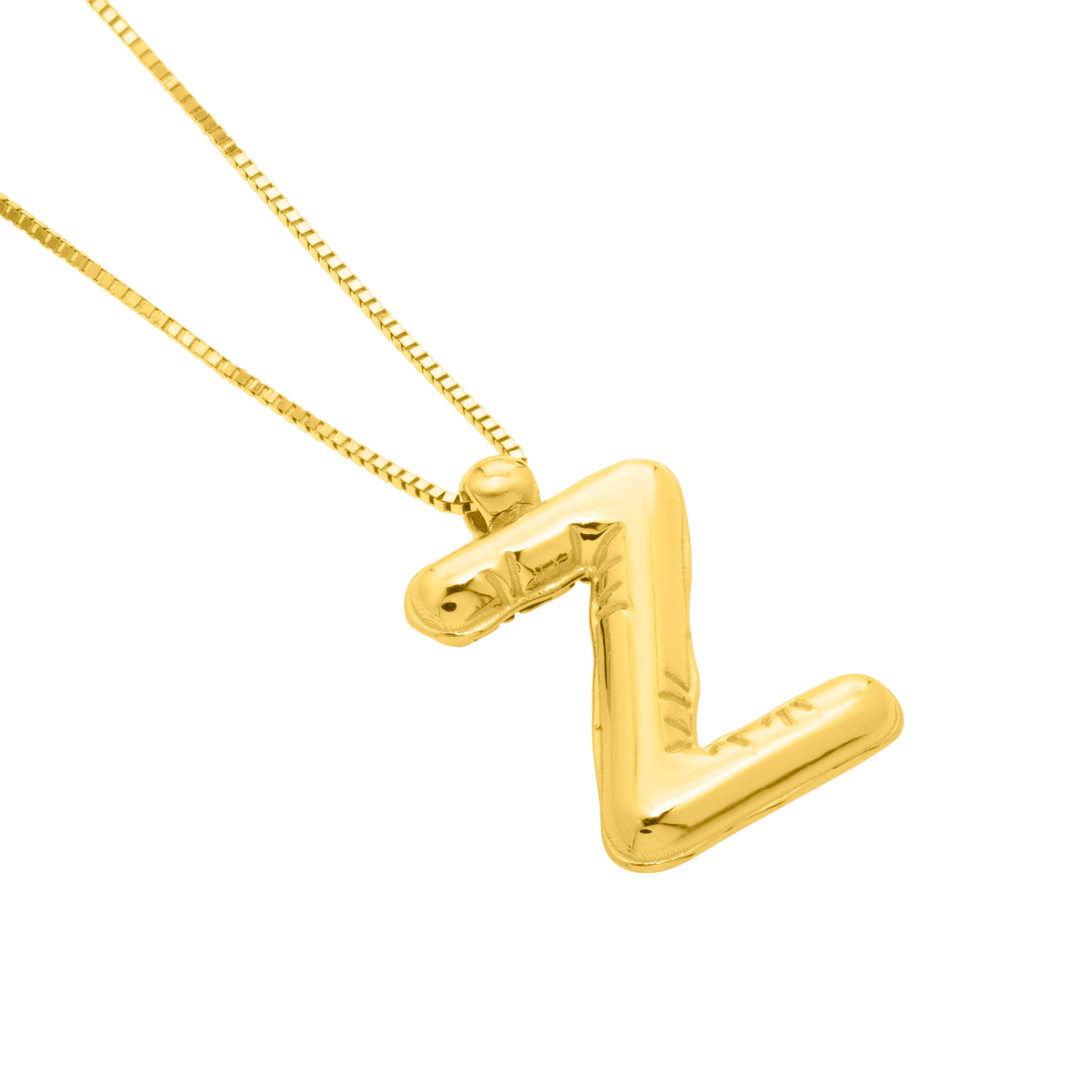 14K Gold Puffy Helium Initial Pendant Necklace: 18" Adjustable at 16"