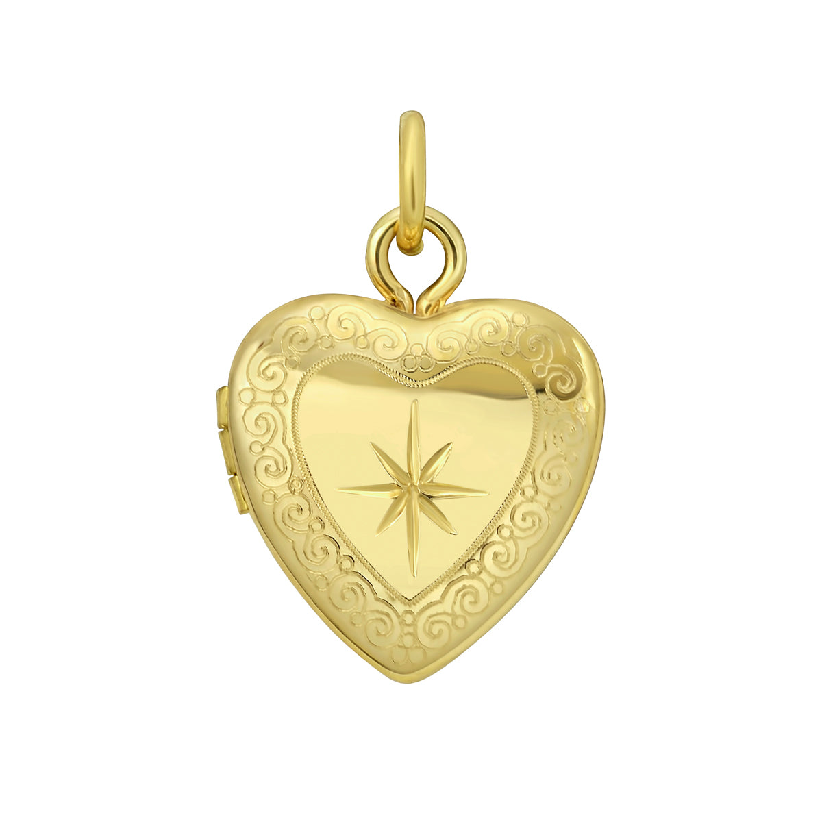 14K Gold Heart Locket Pendant: Floral and North Star Detail