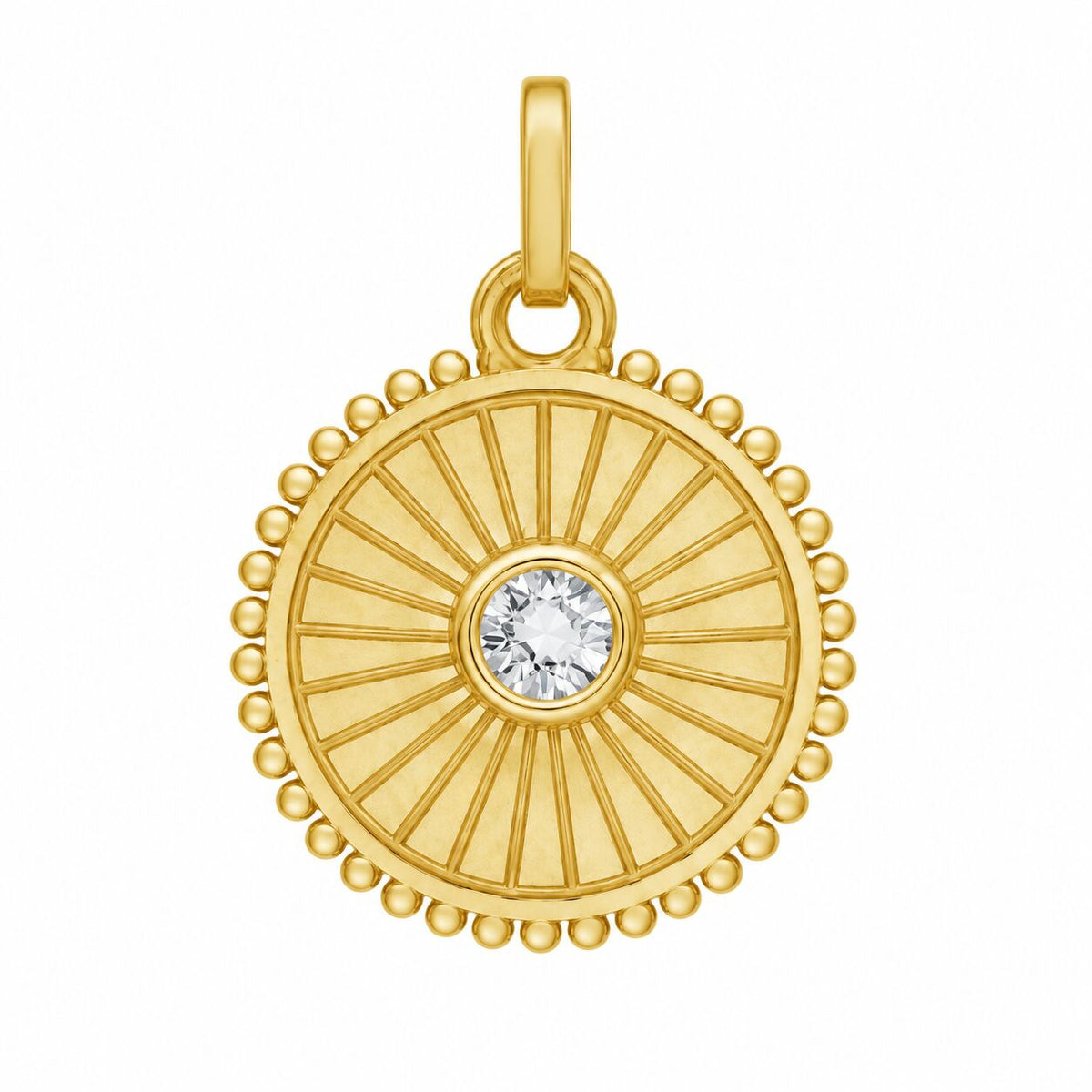 14K Yellow Gold Diamond Sunburst Disc Pendant, 15mm, Real gold, Natural Diamond, Medallion