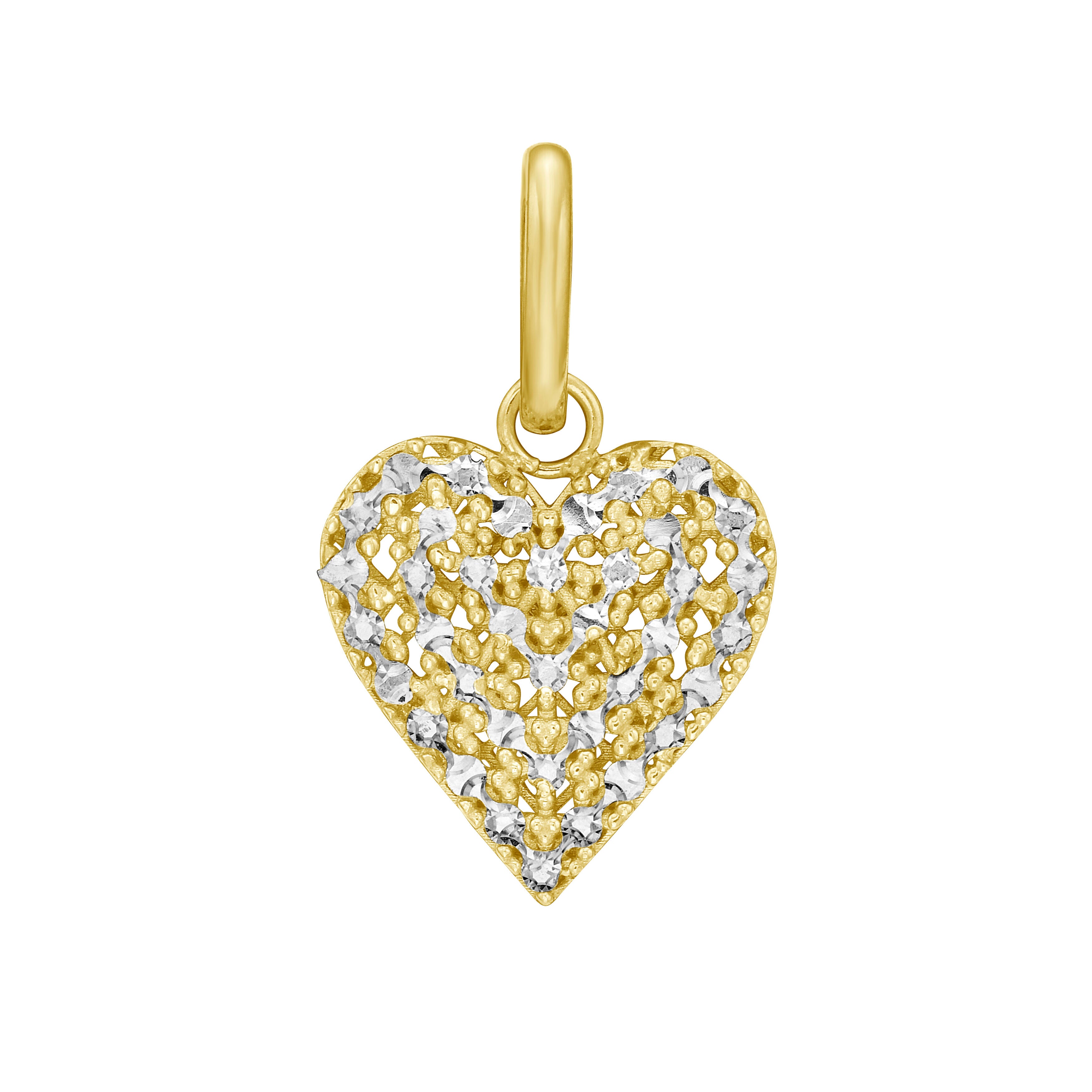 14K Two Tone Gold Heart Charm Pendant: Diamond Cut
