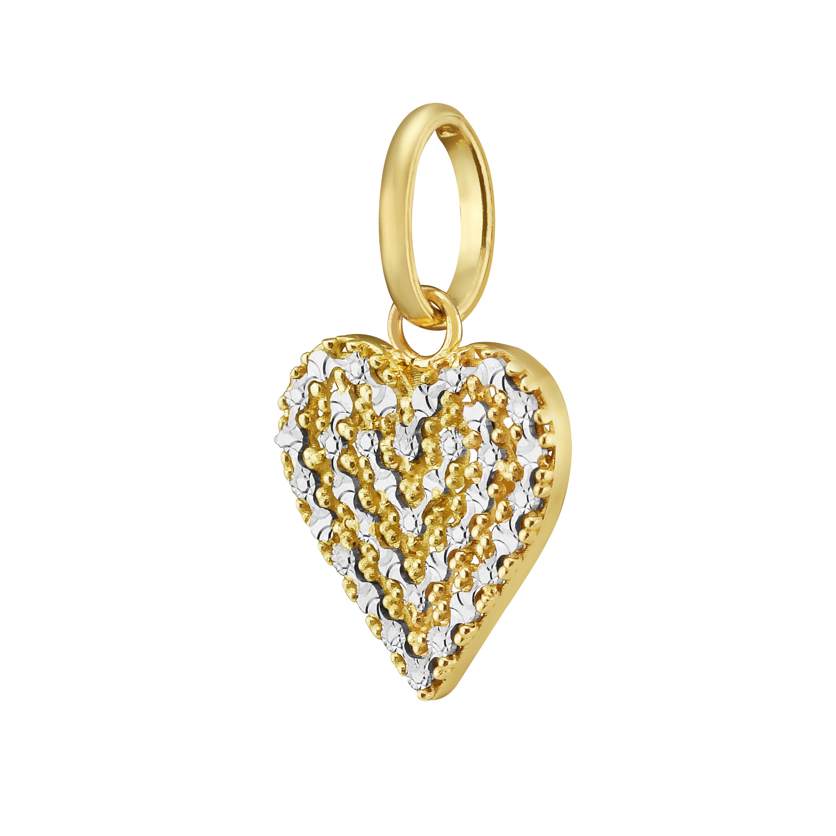 14K Two Tone Gold Heart Charm Pendant: Diamond Cut