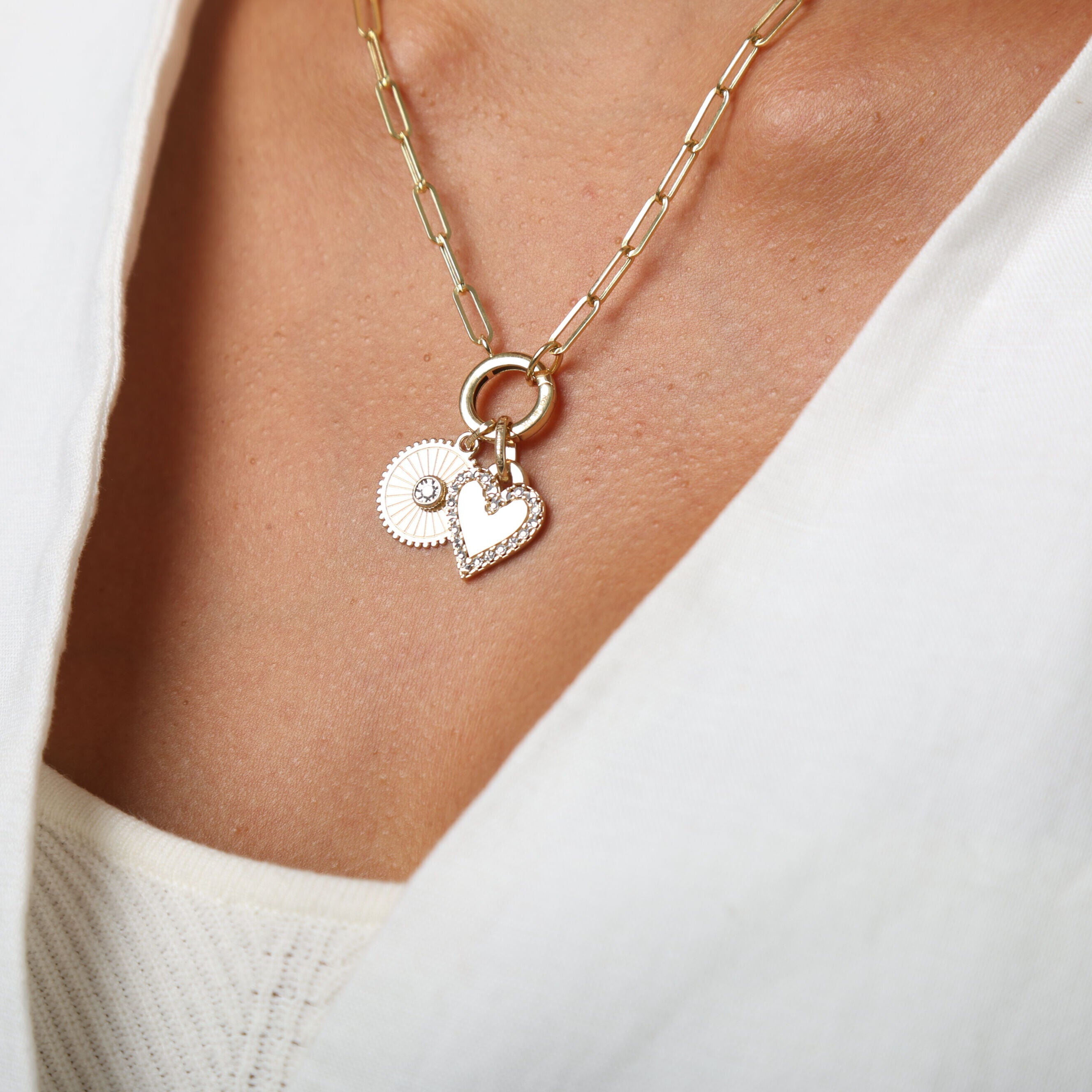 14K Two Tone Gold Heart Charm Pendant: Diamond Cut & Polished