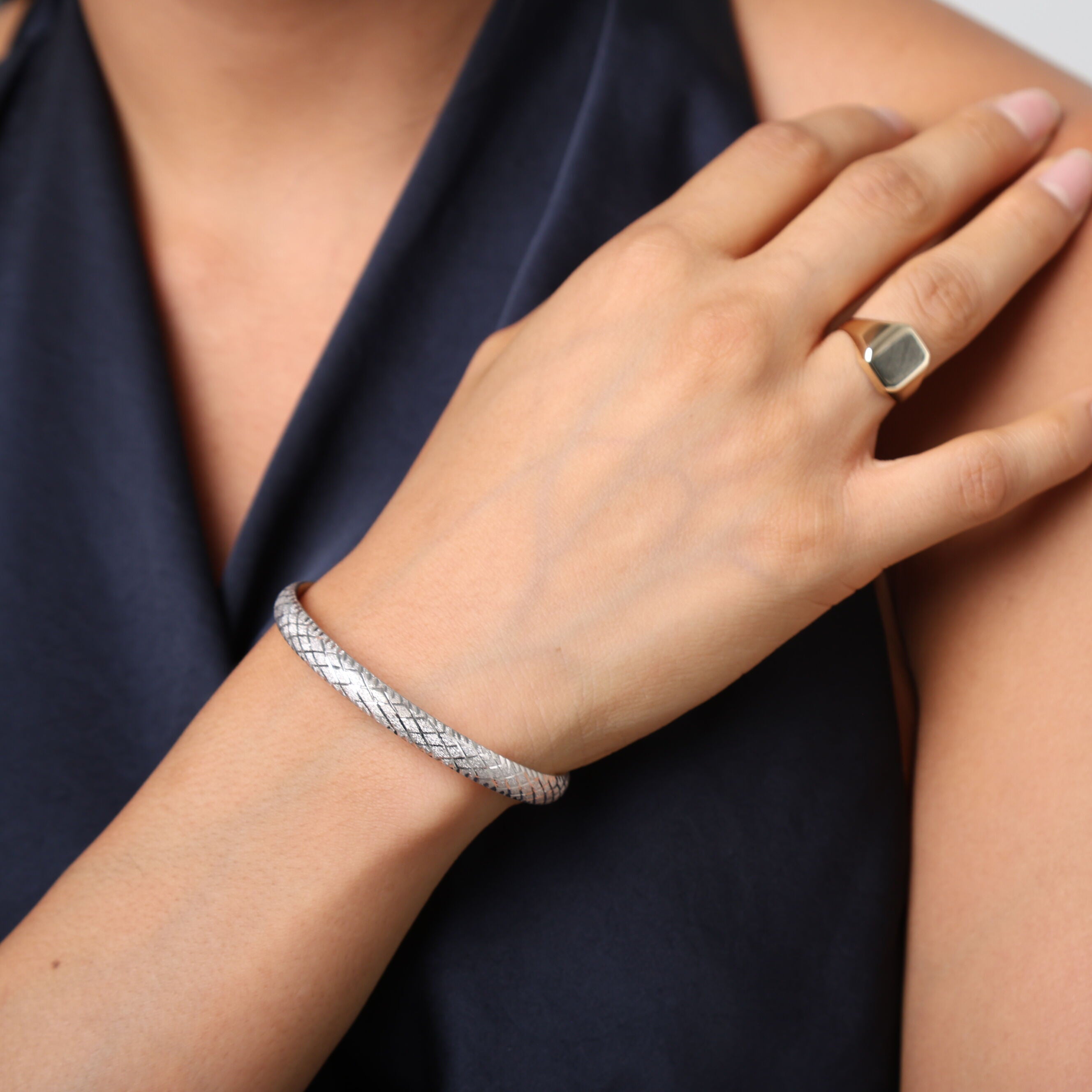 14K White Gold Textured Bangle Bracelet: X-Design