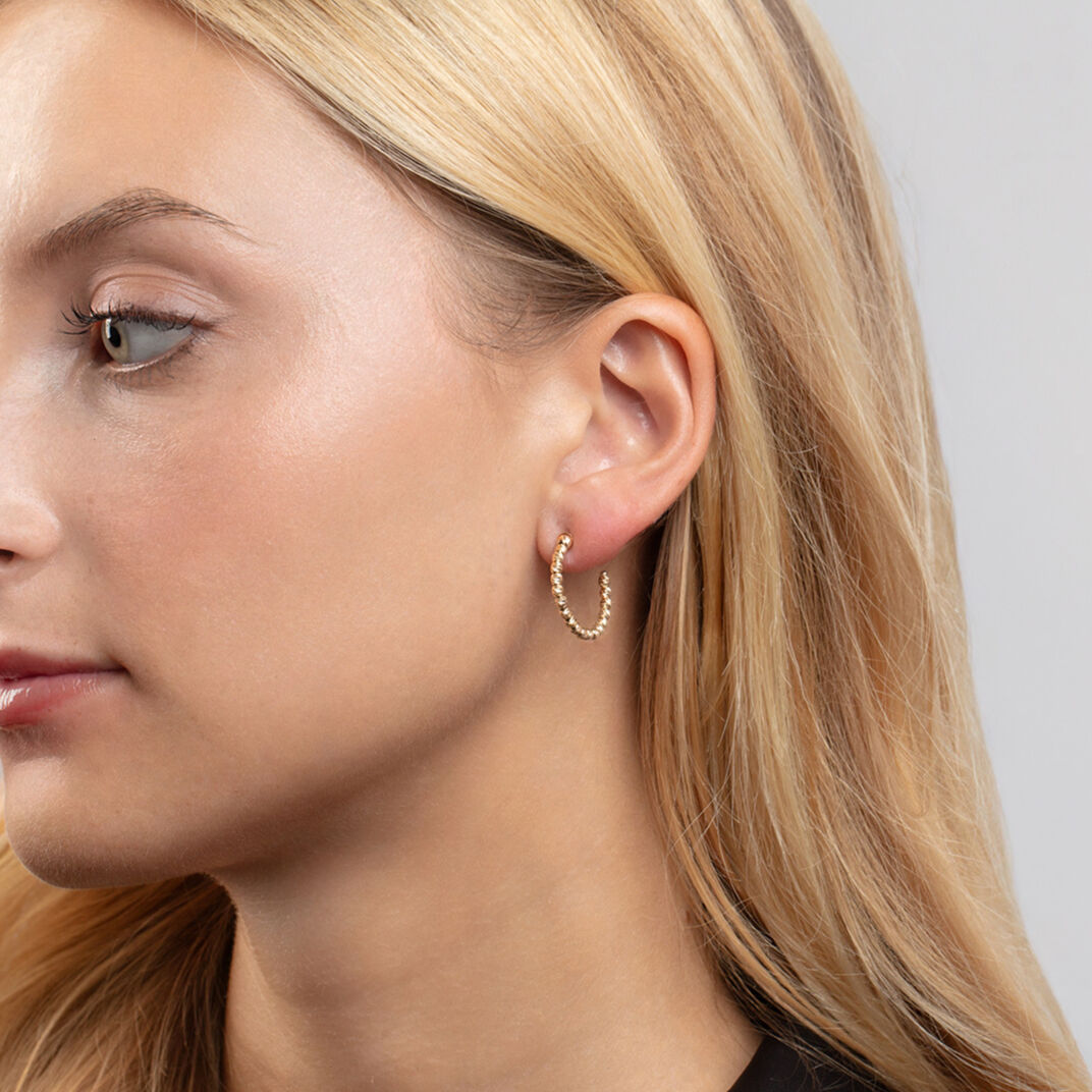 14K Solid Gold Beaded C-Hoop Earrings – Diamond Cut, Sparkling, Hypoallergenic