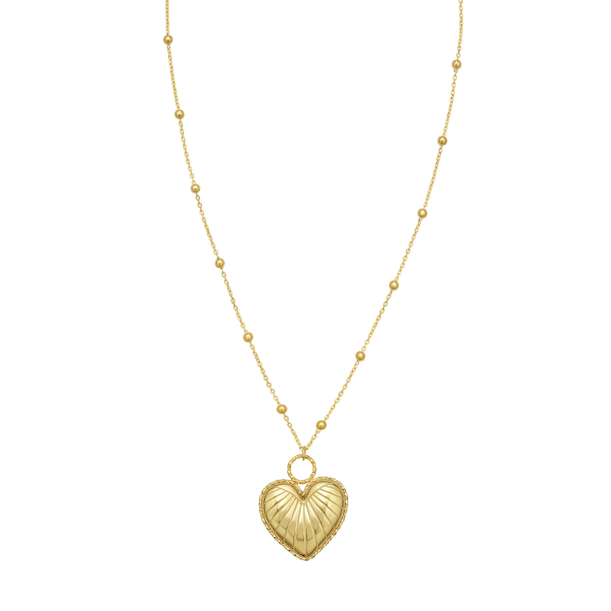 14K Yellow Gold Ribbed Puffed Heart Necklace, Adjustable 16–18 Inches
