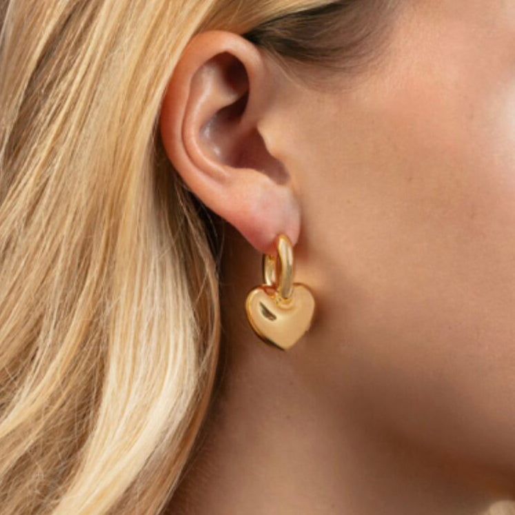 14K Gold Chunky Puffed Heart Dangle Hoop Earrings