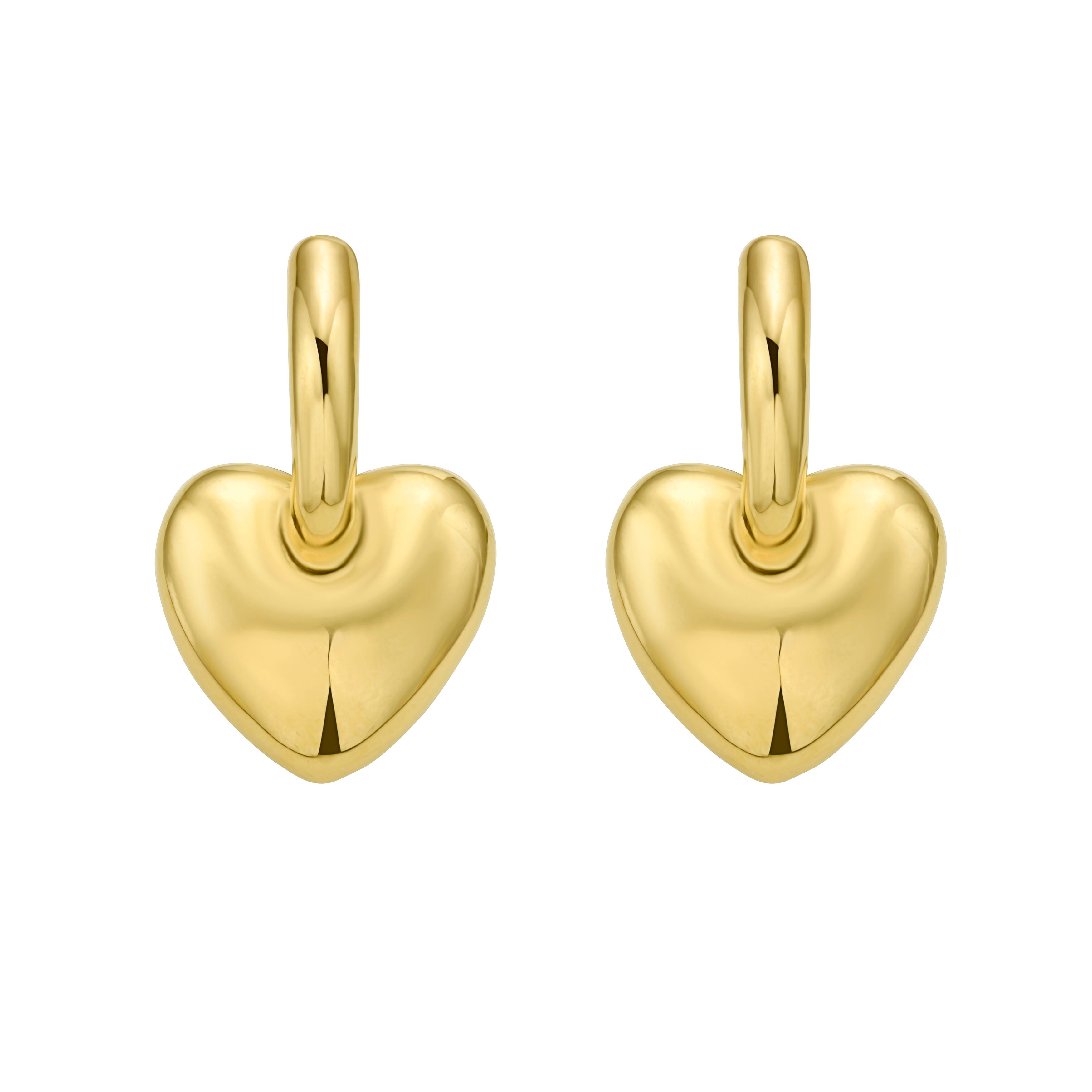 14K Gold Chunky Puffed Heart Dangle Hoop Earrings