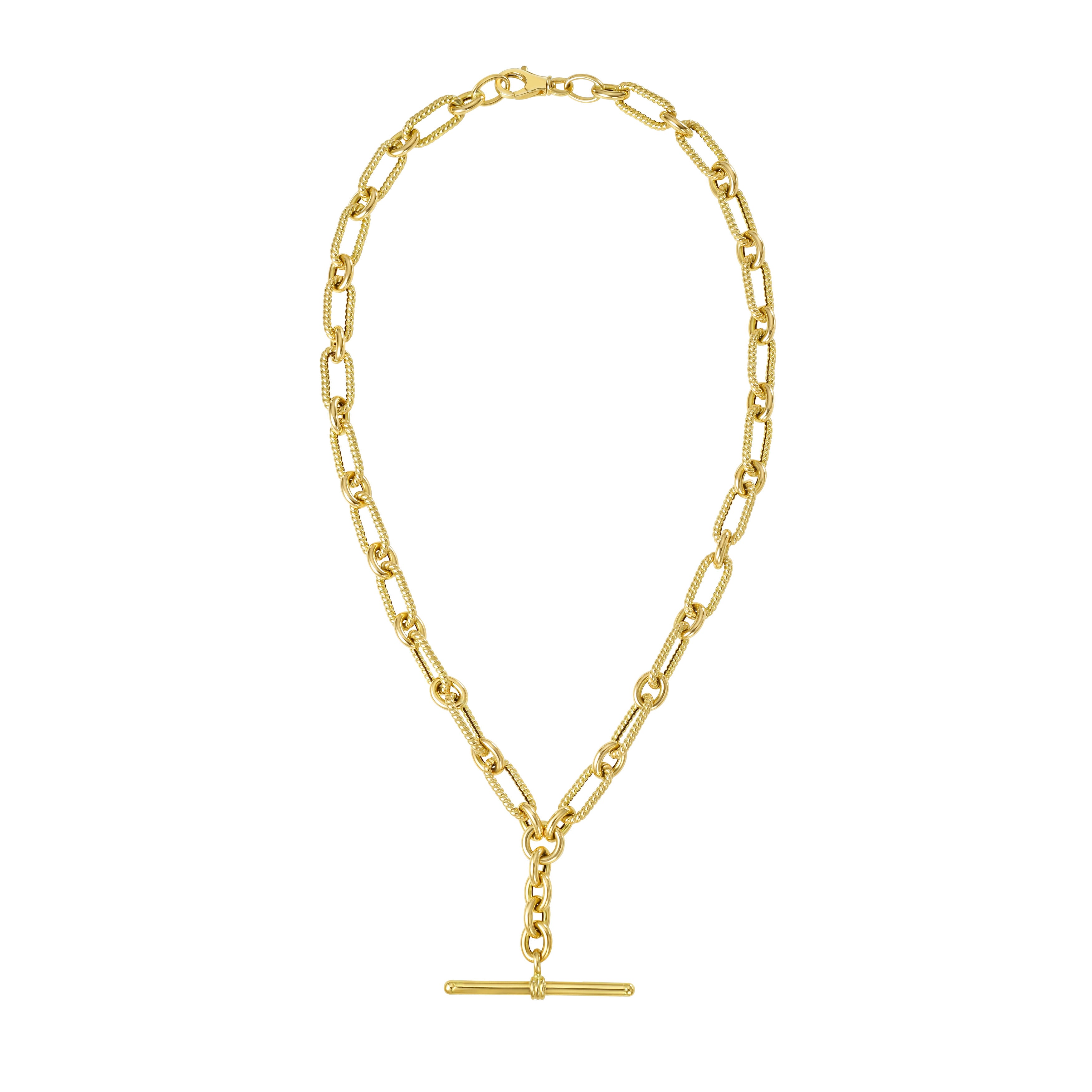 14K Gold T-Bar Drop Chain Necklace: 17" Textured & Polished Links