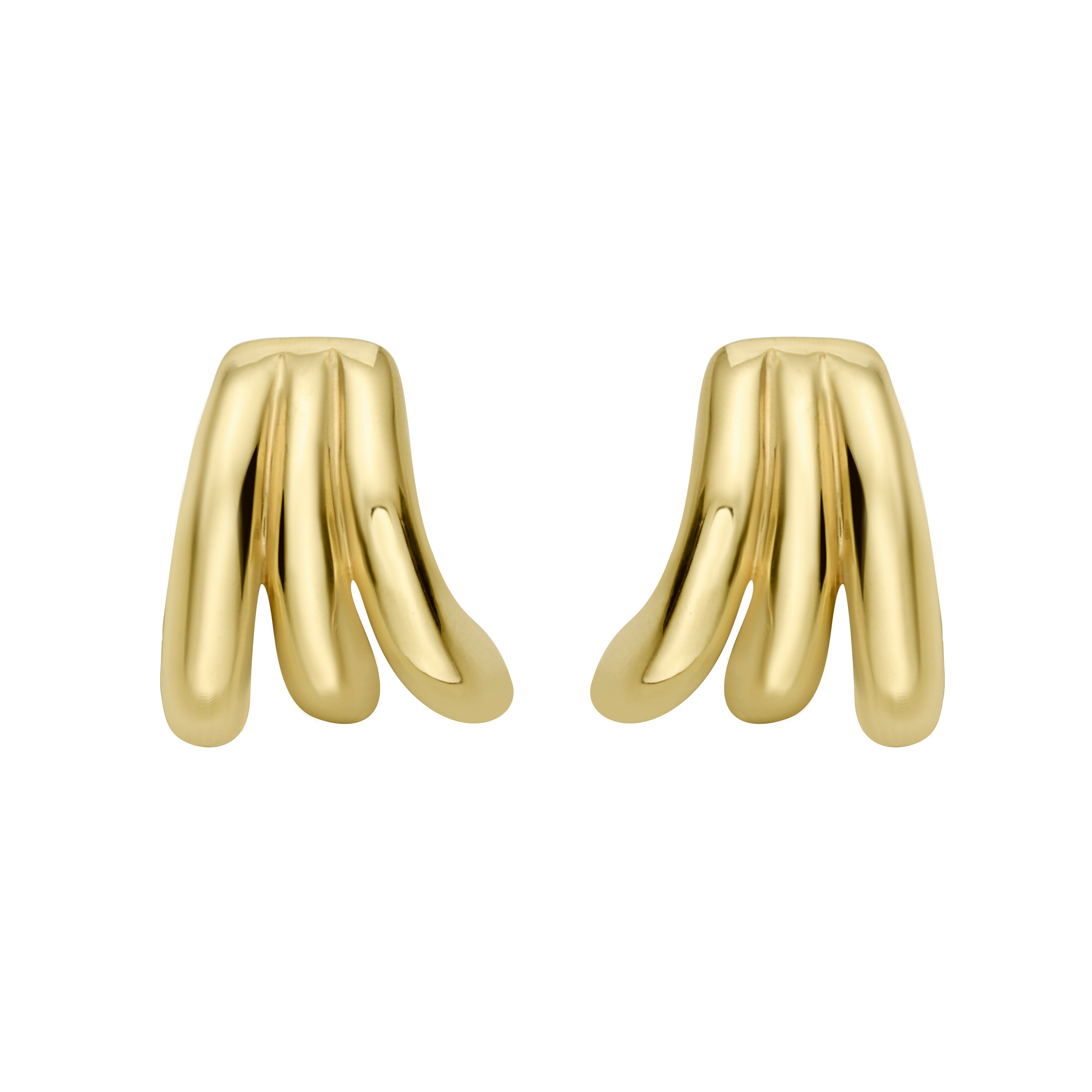 14K Solid Gold Triple-Row Splayed C-Hoop Huggie Earrings – Bold, Elegant, Hypoallergenic