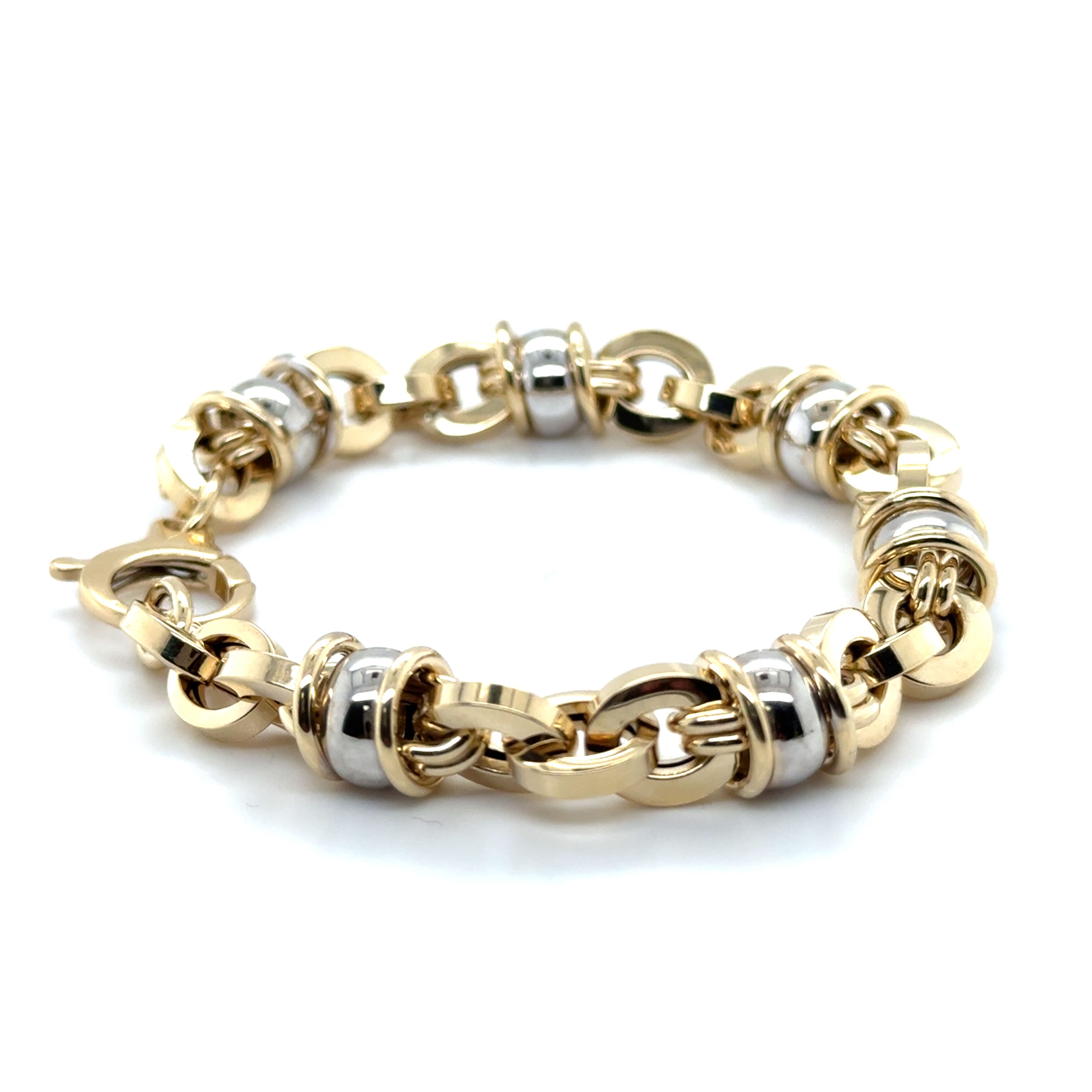 14K Two Tone Gold Chunky Mixed Link Bracelet: Oval and Rondel, 7.5 Inch