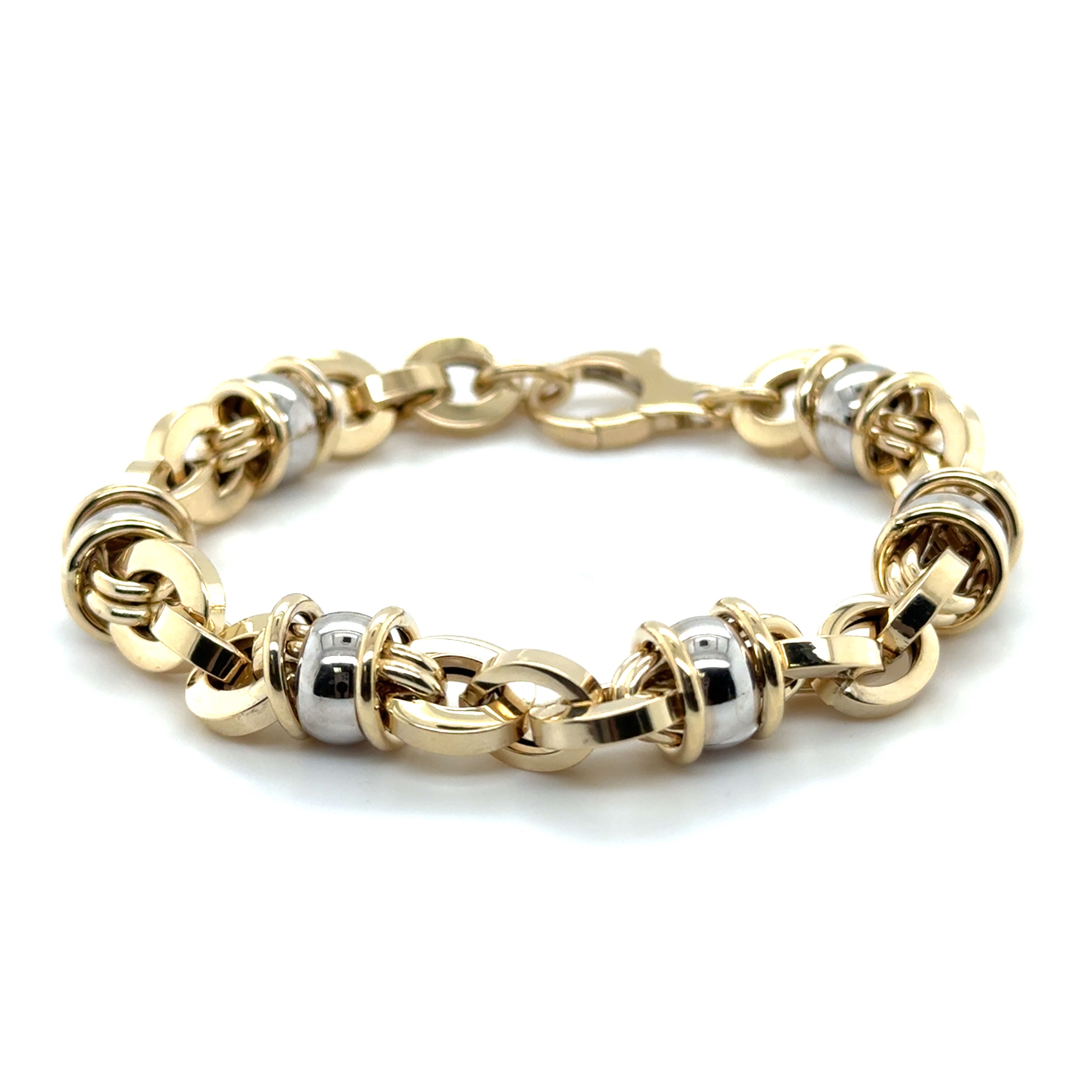 14K Two Tone Gold Chunky Mixed Link Bracelet: Oval and Rondel, 7.5 Inch