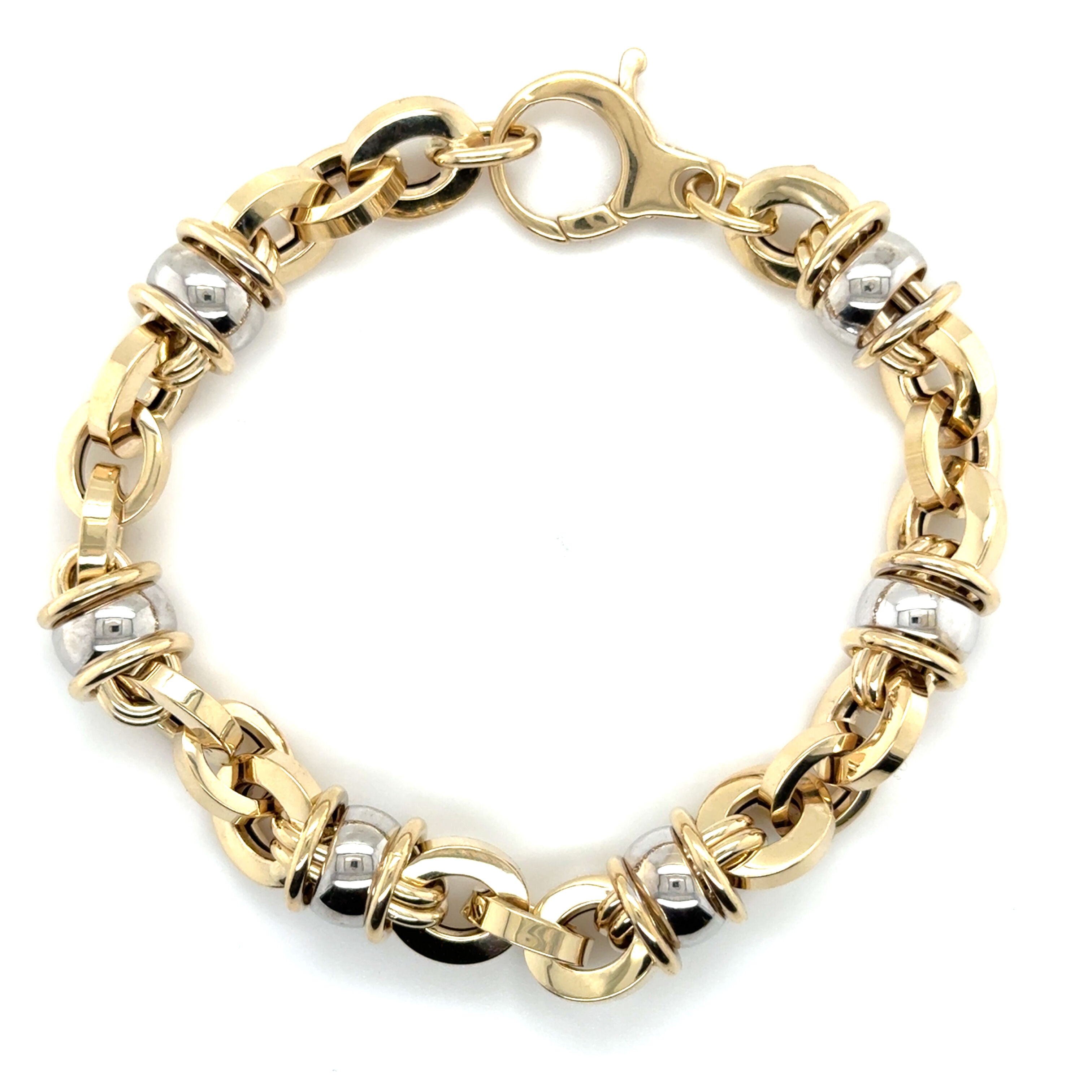 14K Two Tone Gold Chunky Oval and Rondel Link Bracelet: 7.5 Inch