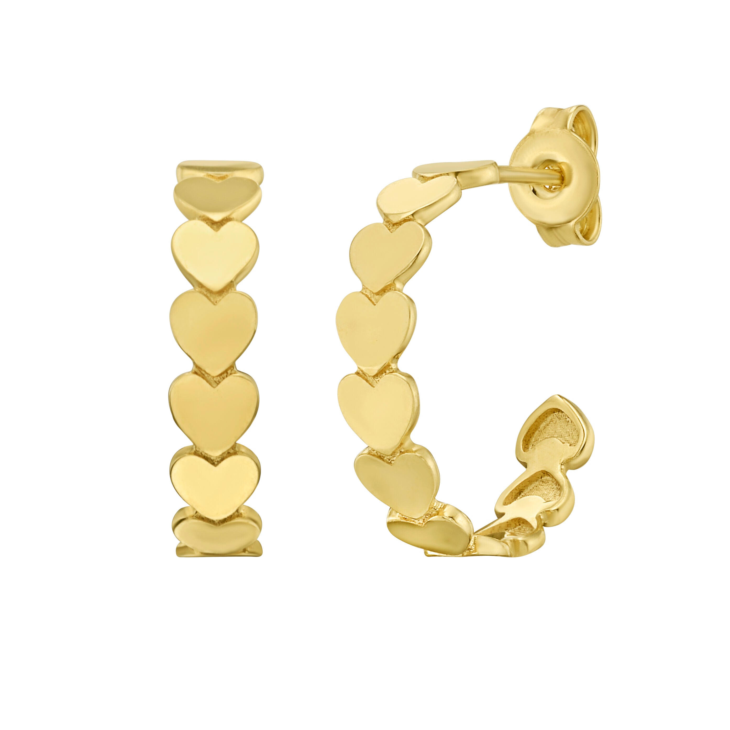 14K Gold Heart Row C-Hoop Earrings, 17 mm diameter, 3.7 mm thick, push back closure