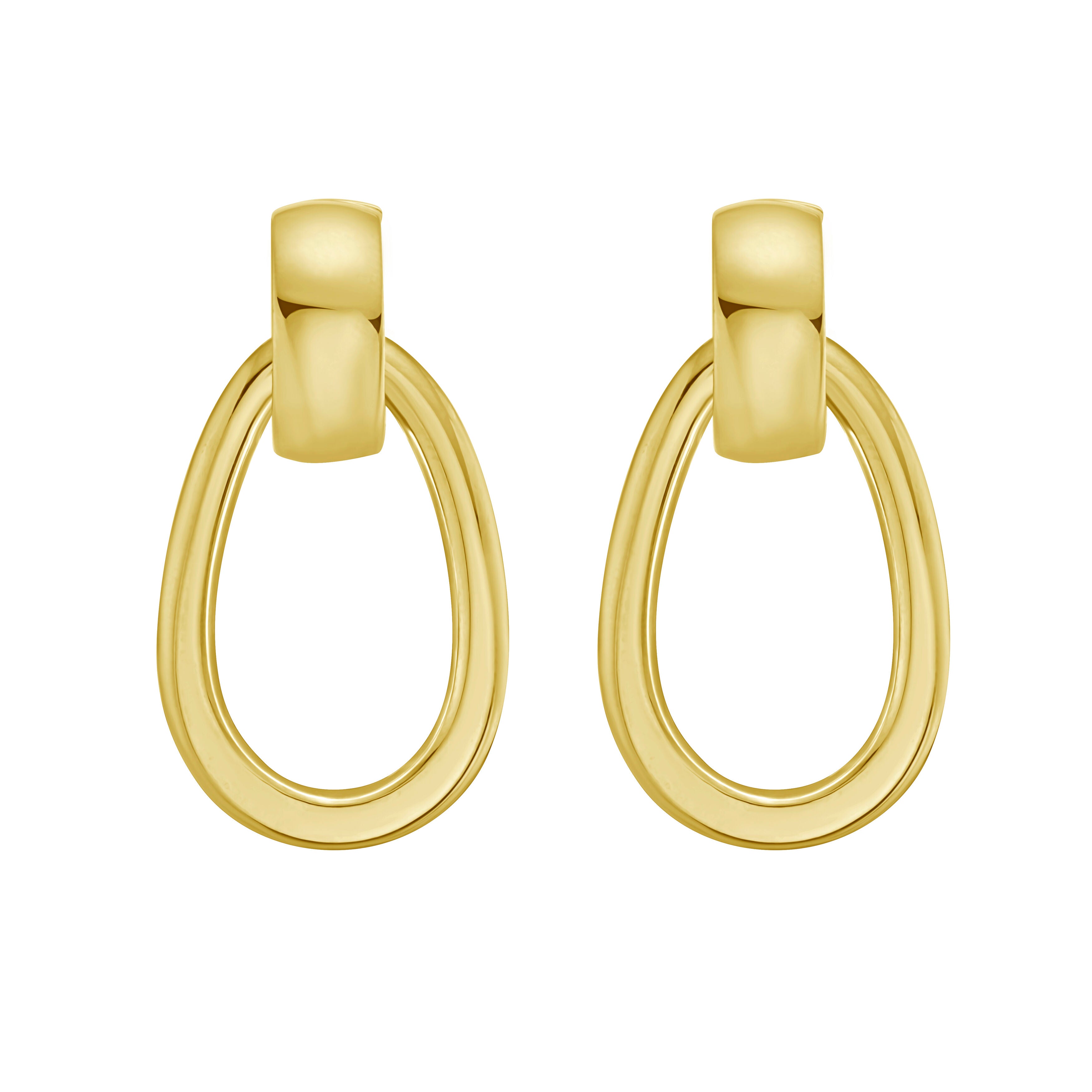 14k Yellow Gold Door Knocker Teardrop Dangle Drop Earrings – Polished, Bold and Elegant. 35mm long and 19mm at the widest point. Secured with push back clasps