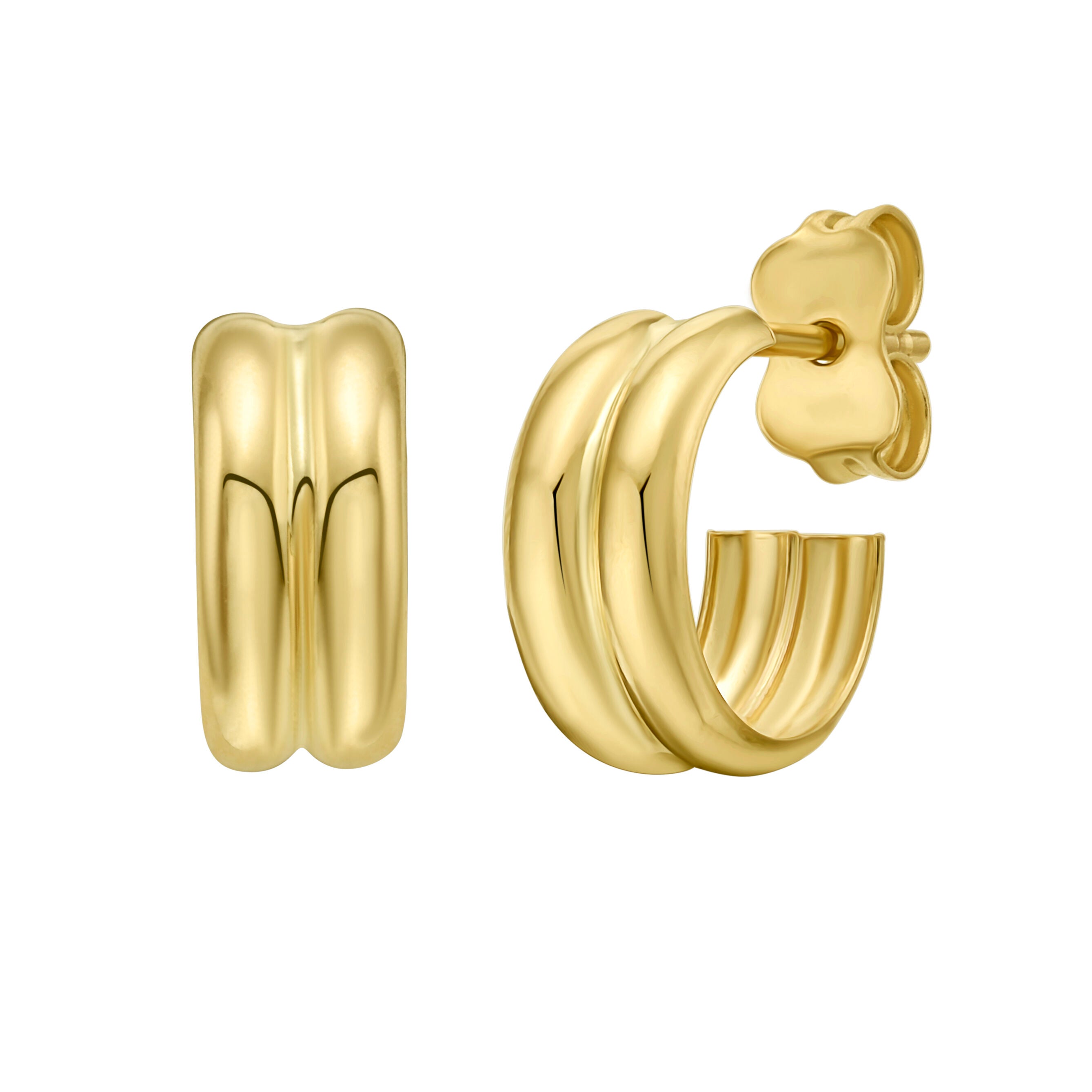 14k Gold Double-Ribbed 11mm Huggie C-Hoop Earrings: