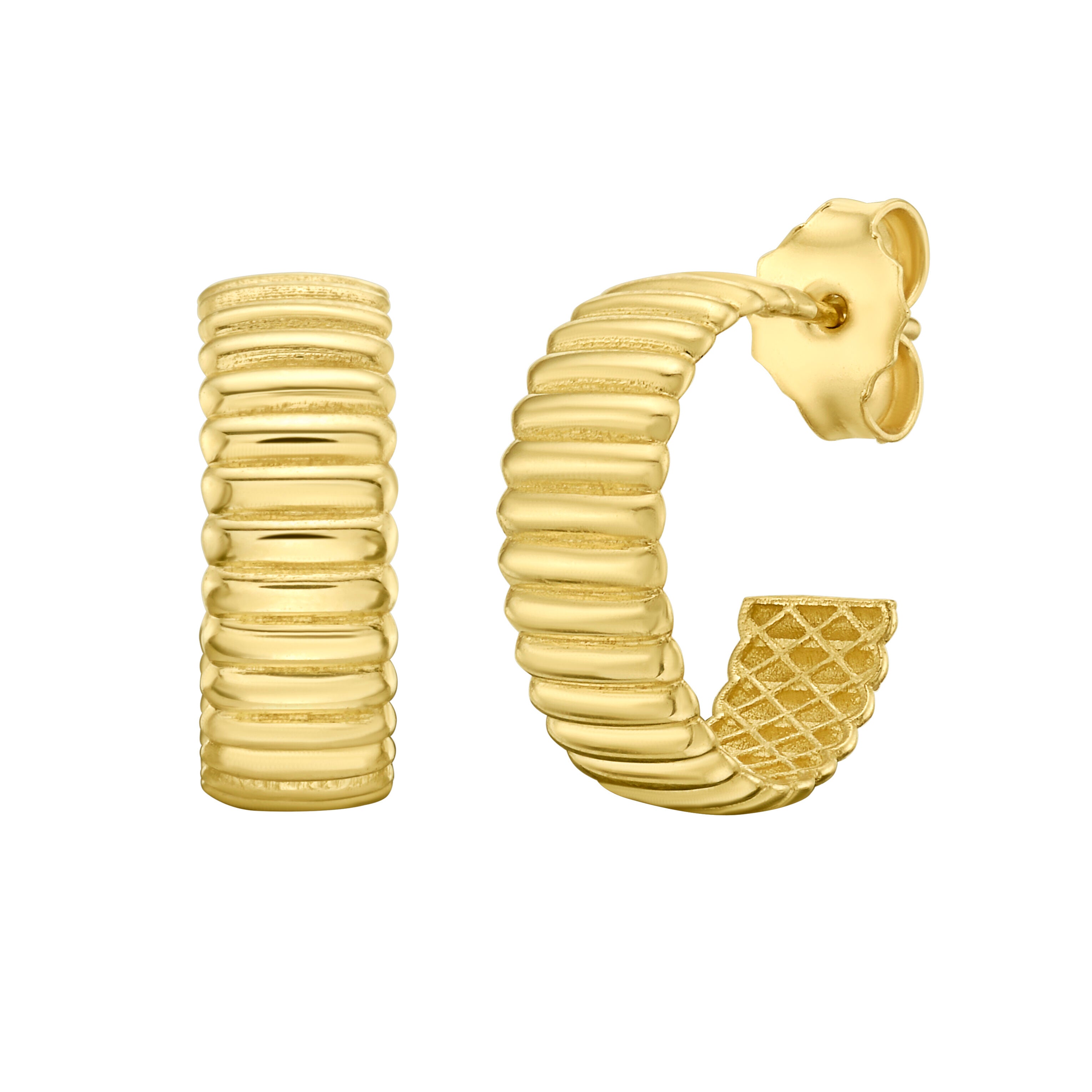 14K Gold 15 mm Tubogas Huggie C-Hoop Earrings, Small ribbed hoops