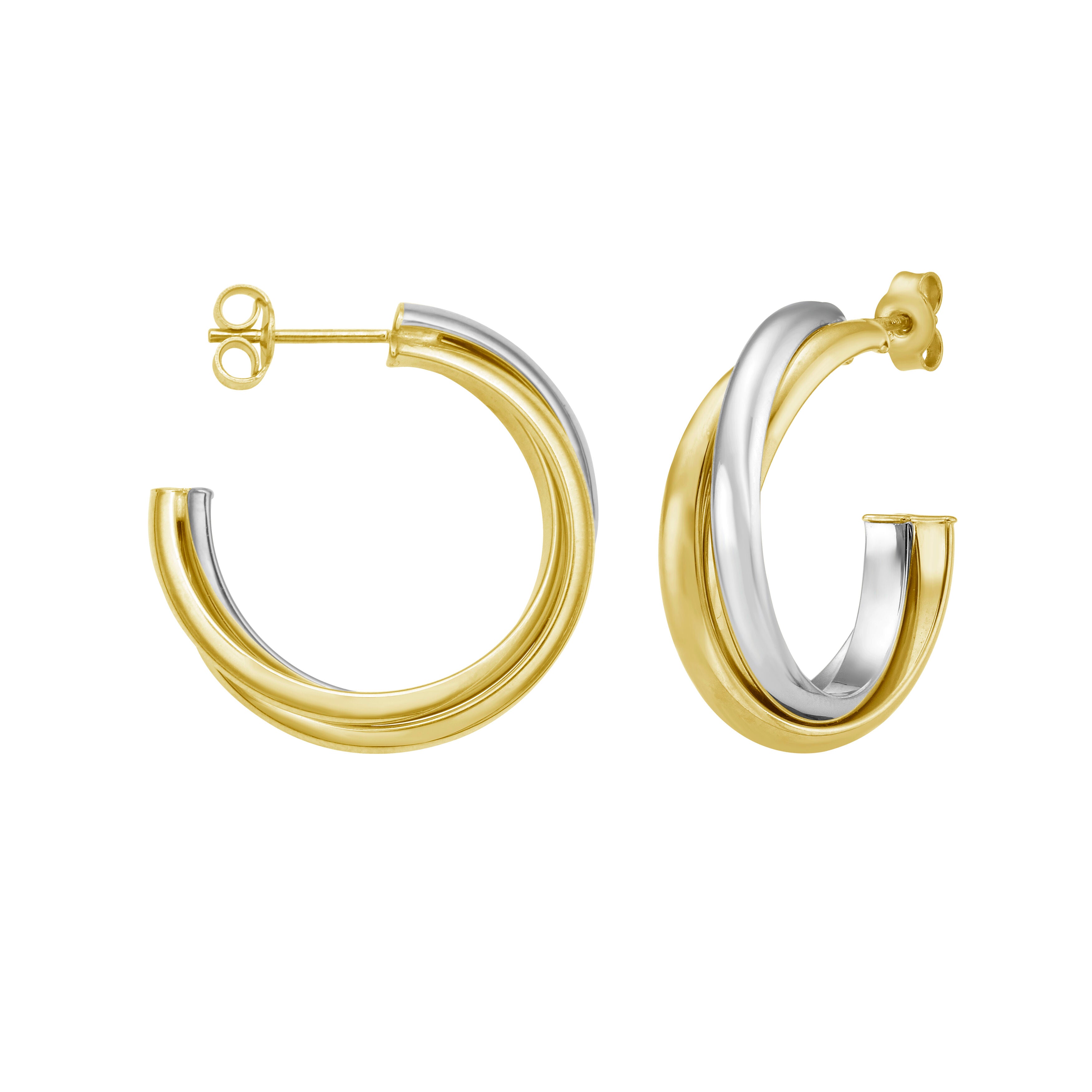 14K Two Tone Gold Triple-row Bypass C-Hoop Earrings